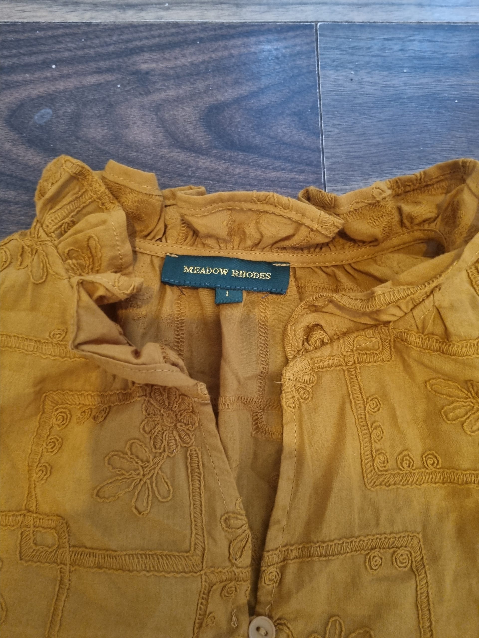 Meadow Rhodes Mustard Yellow Embroidered Blouse Large Ruffle Neck image 3