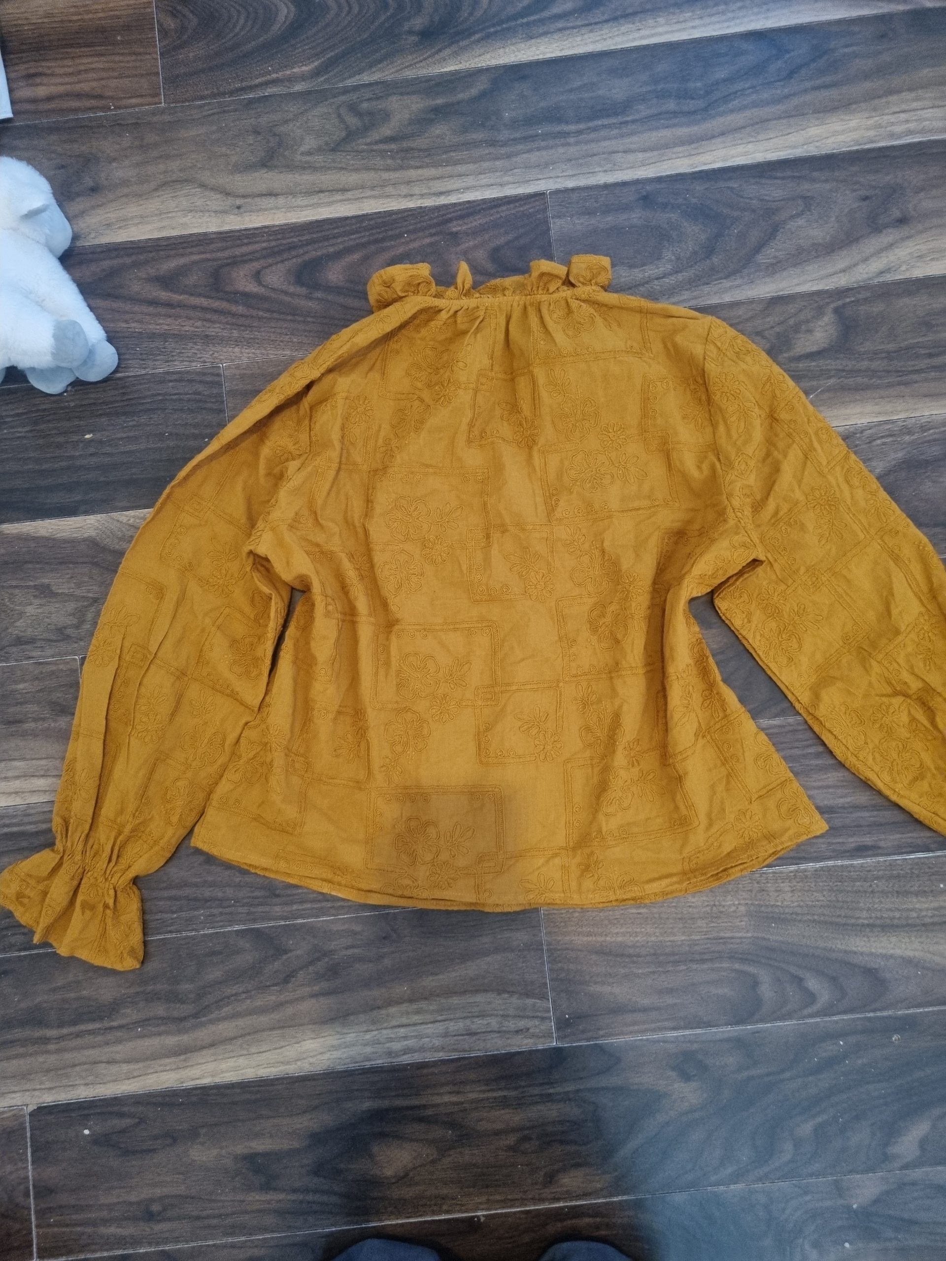 Meadow Rhodes Mustard Yellow Embroidered Blouse Large Ruffle Neck image 6
