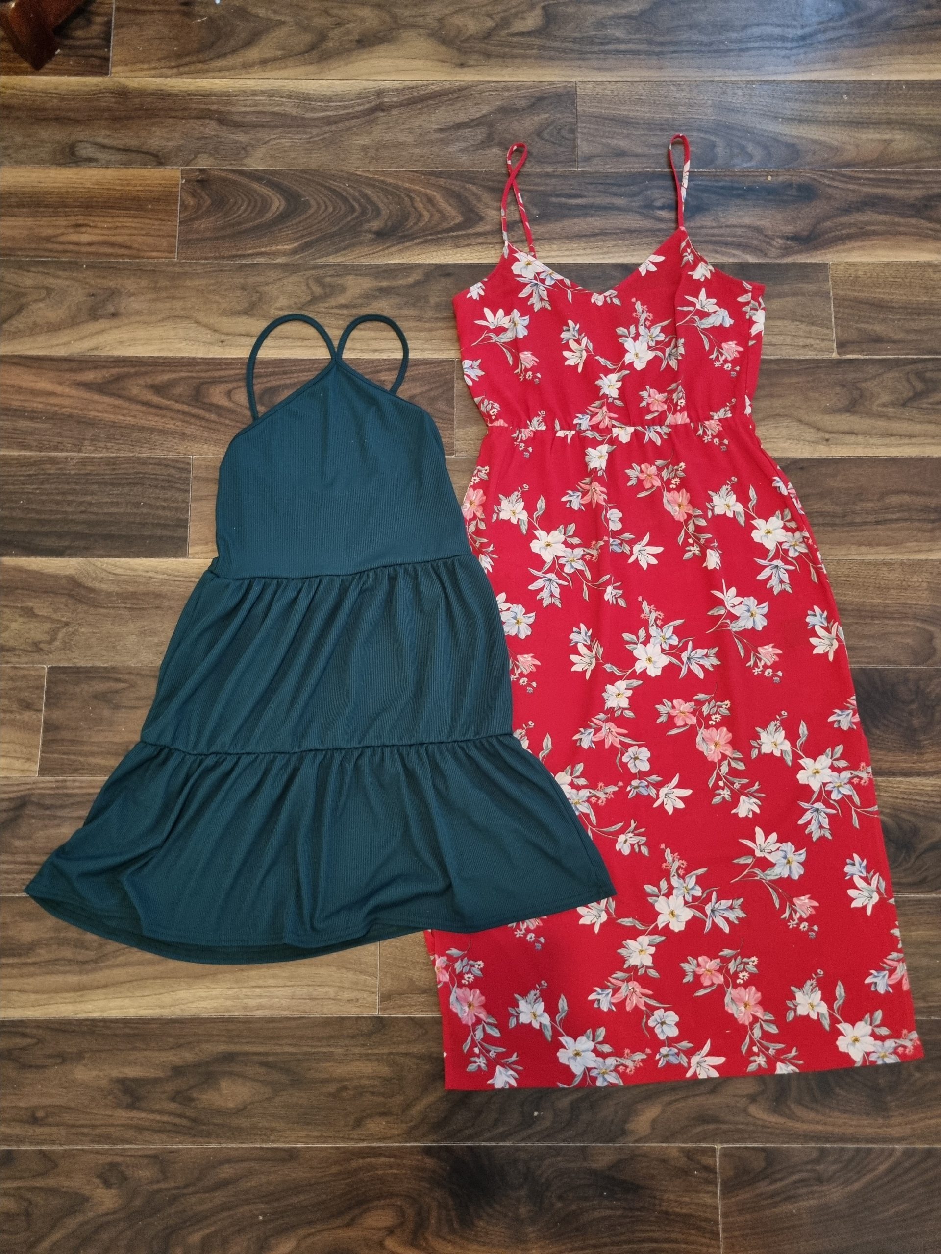 H&M Red Floral Midi Dress UK 10 & Boohoo Dark Green Tiered Dress UK 10