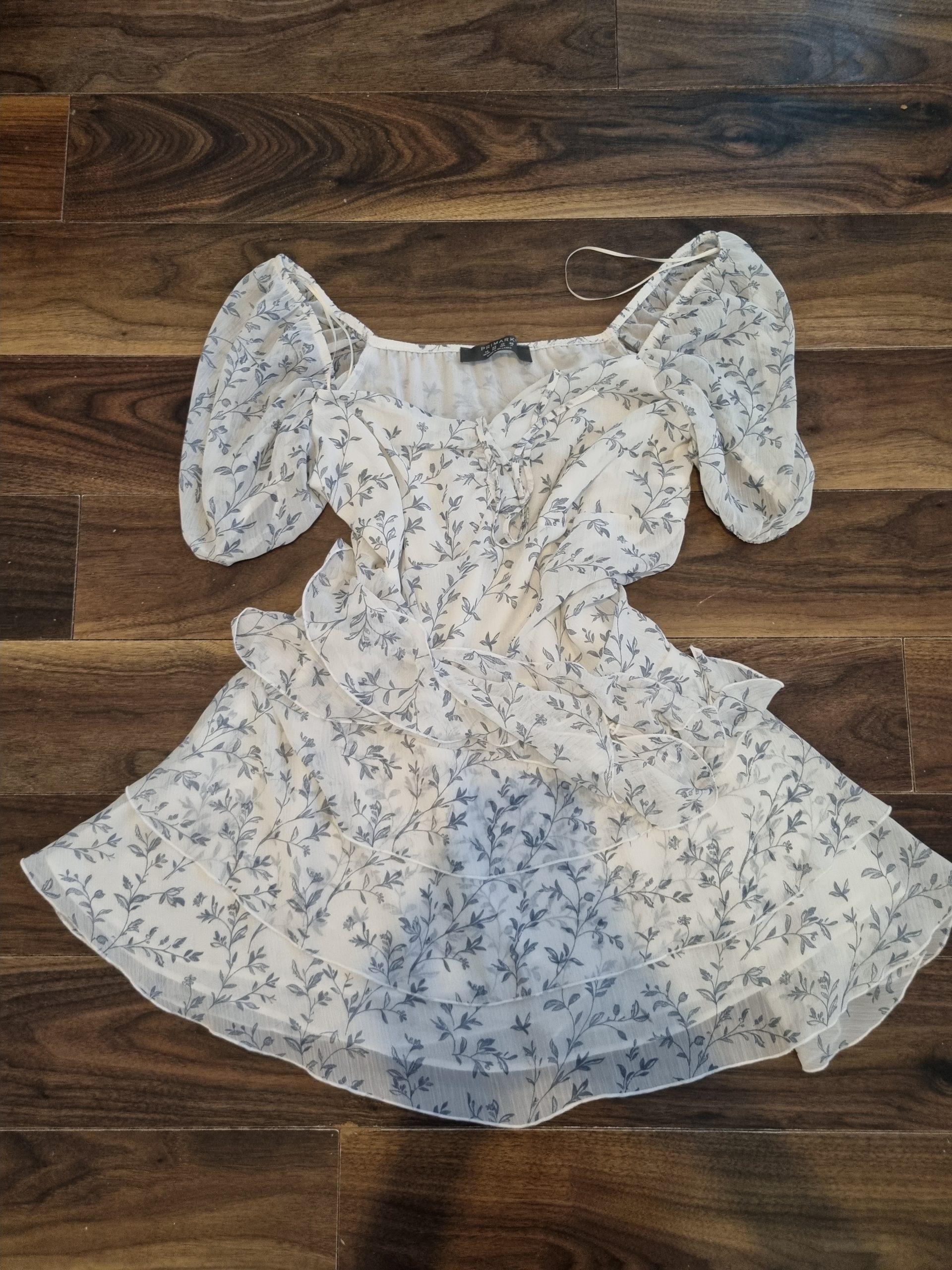 Primark White & Grey Floral Print Puff Sleeve Blouse UK 14