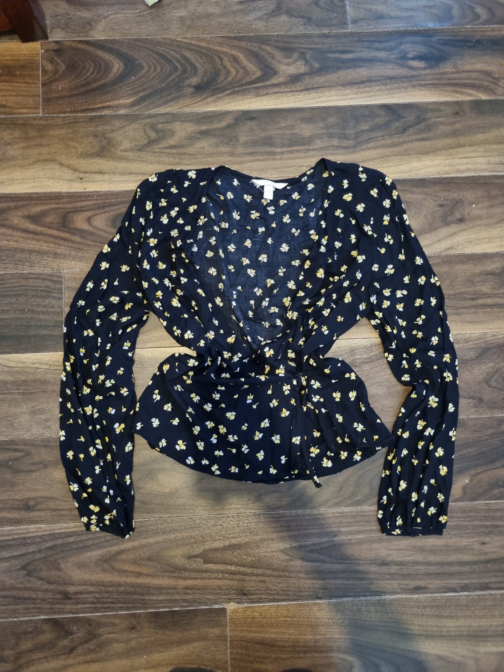 H&M Black & Yellow Floral Knot Front Blouse UK 12
