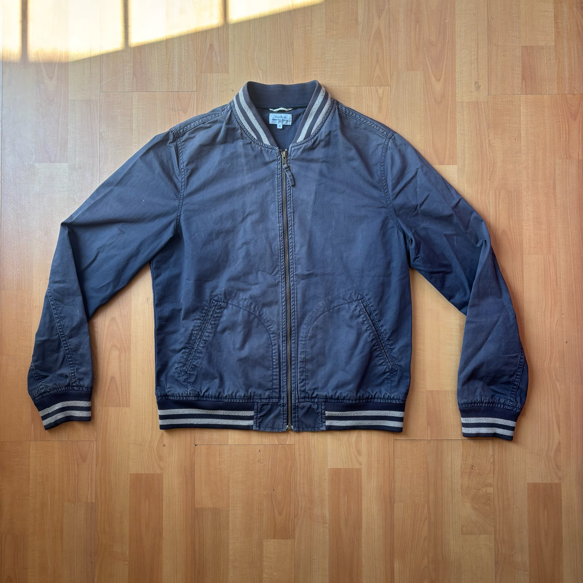 Vintage Faded Hartford Navy Blue Bomber Jacket Medium Striped Rib Cuffs