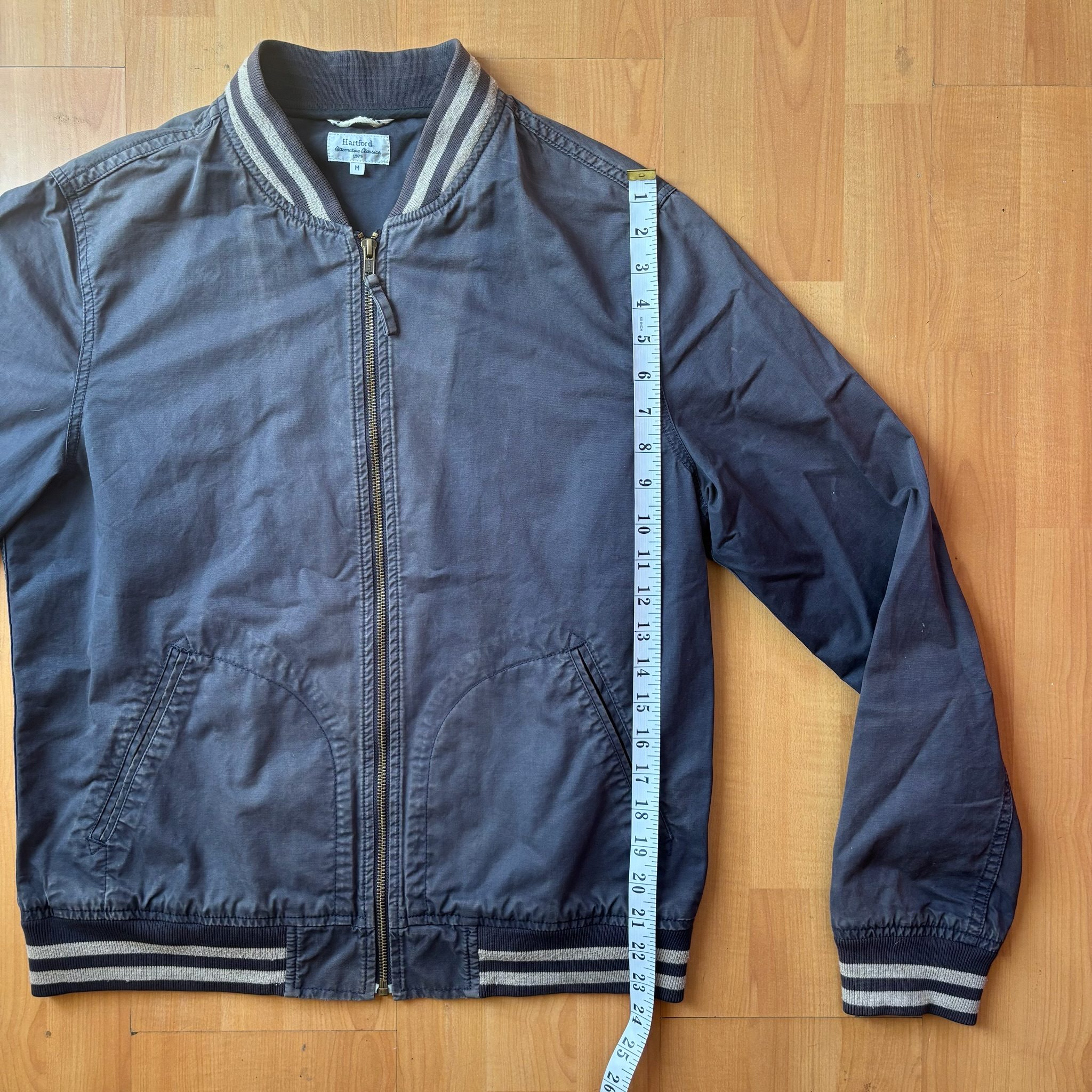 Vintage Faded Hartford Navy Blue Bomber Jacket Medium Striped Rib Cuffs image 3