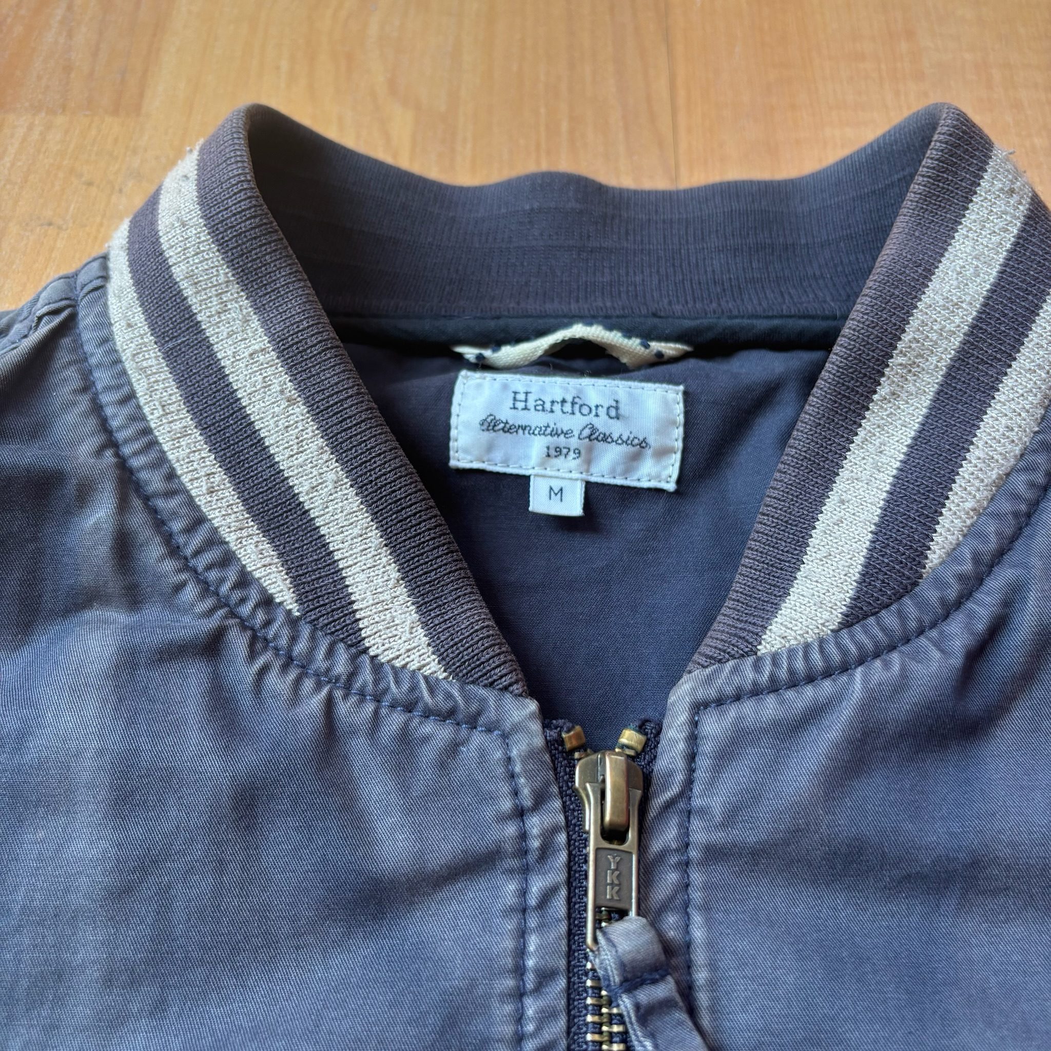 Vintage Faded Hartford Navy Blue Bomber Jacket Medium Striped Rib Cuffs image 6