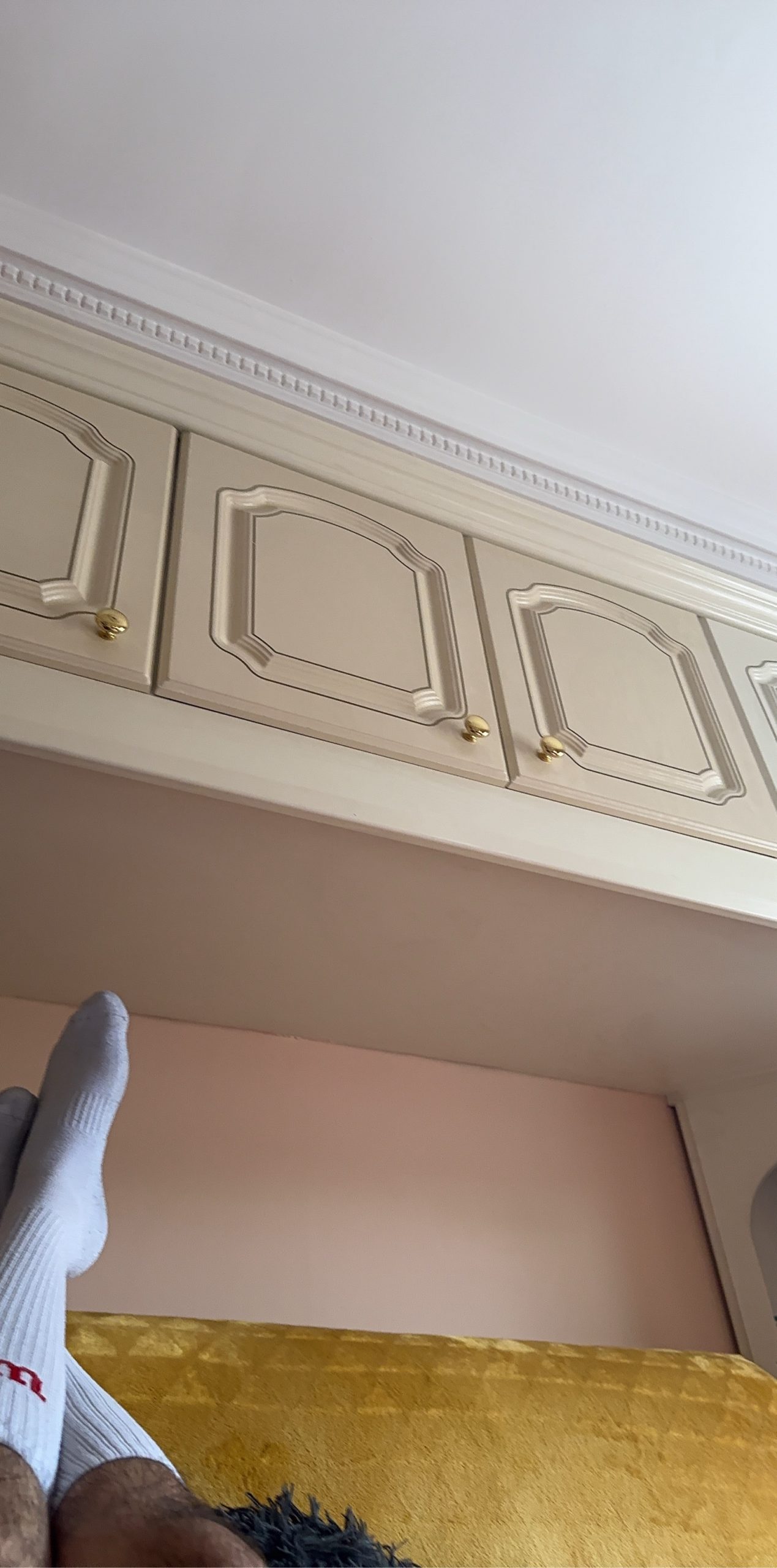 Vintage Cream Wood Kitchen Wall Cabinets with Gold Handles