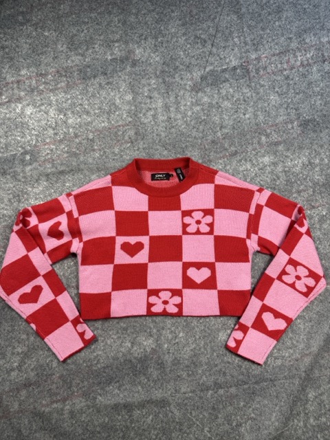 ONLY Red & Pink Cropped Checkerboard Heart Flower Knit Jumper S