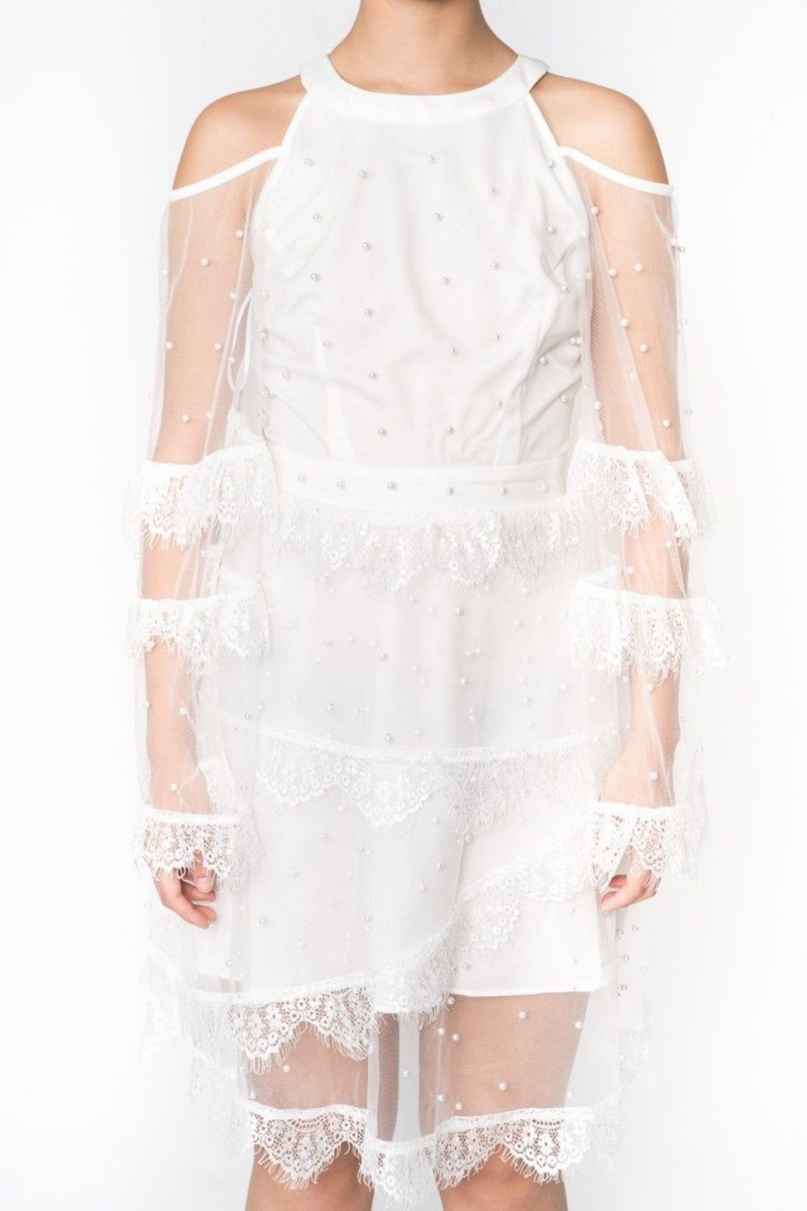ALPHA-BE White Pearl Embellished Lace Overlay Dress Size 12 image 2