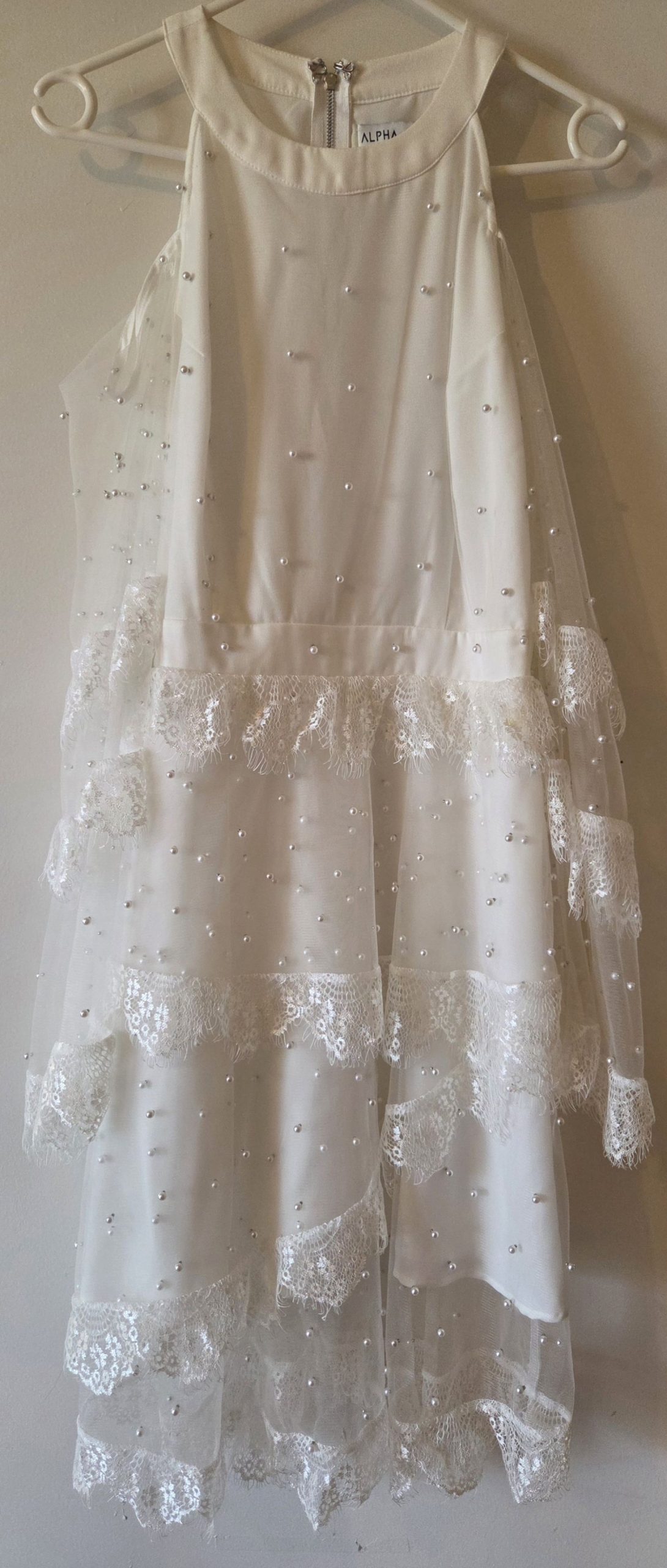 ALPHA-BE White Pearl Embellished Lace Overlay Dress Size 12 image 3