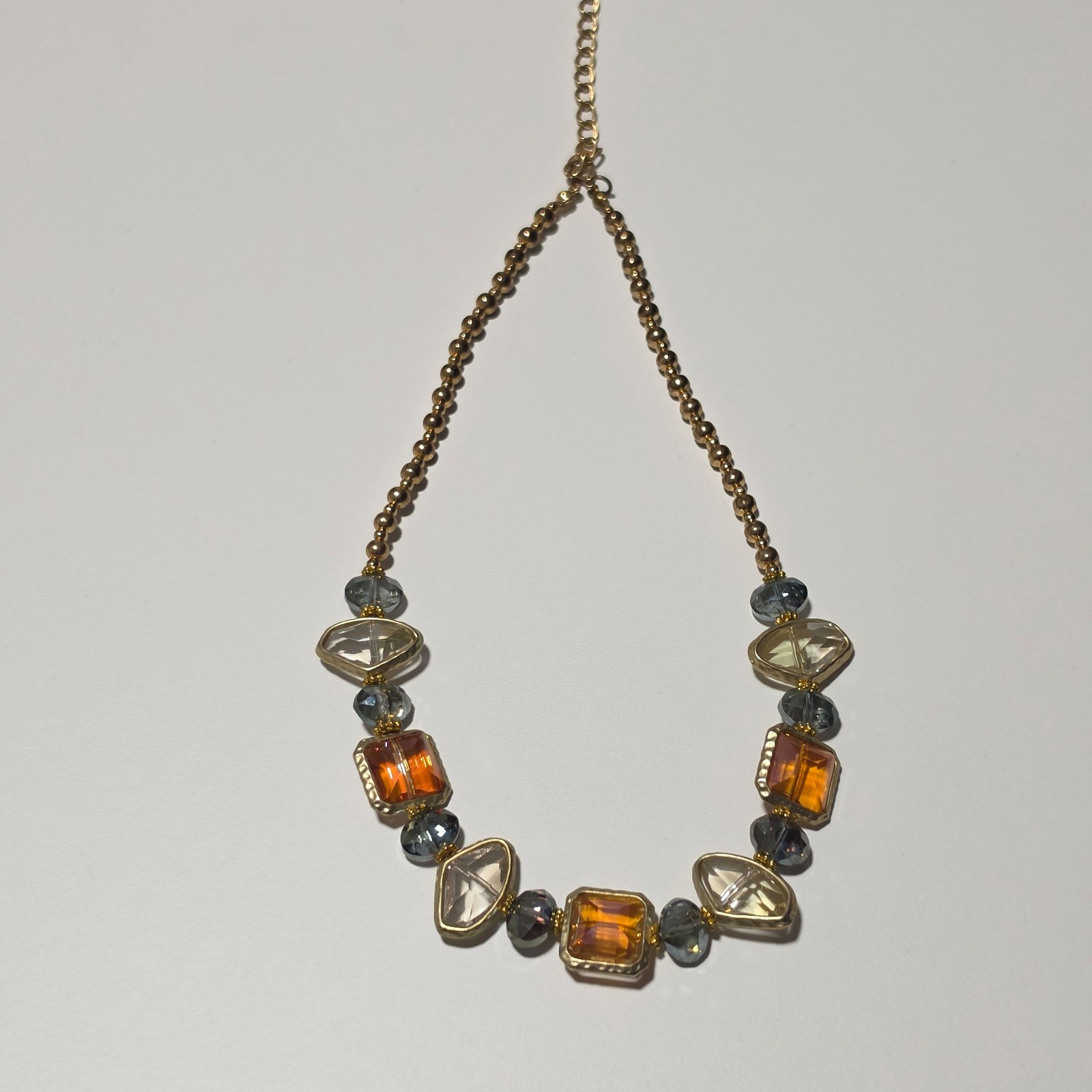 Gold-tone Orange & Blue Beaded costume Necklace with Clear Stones