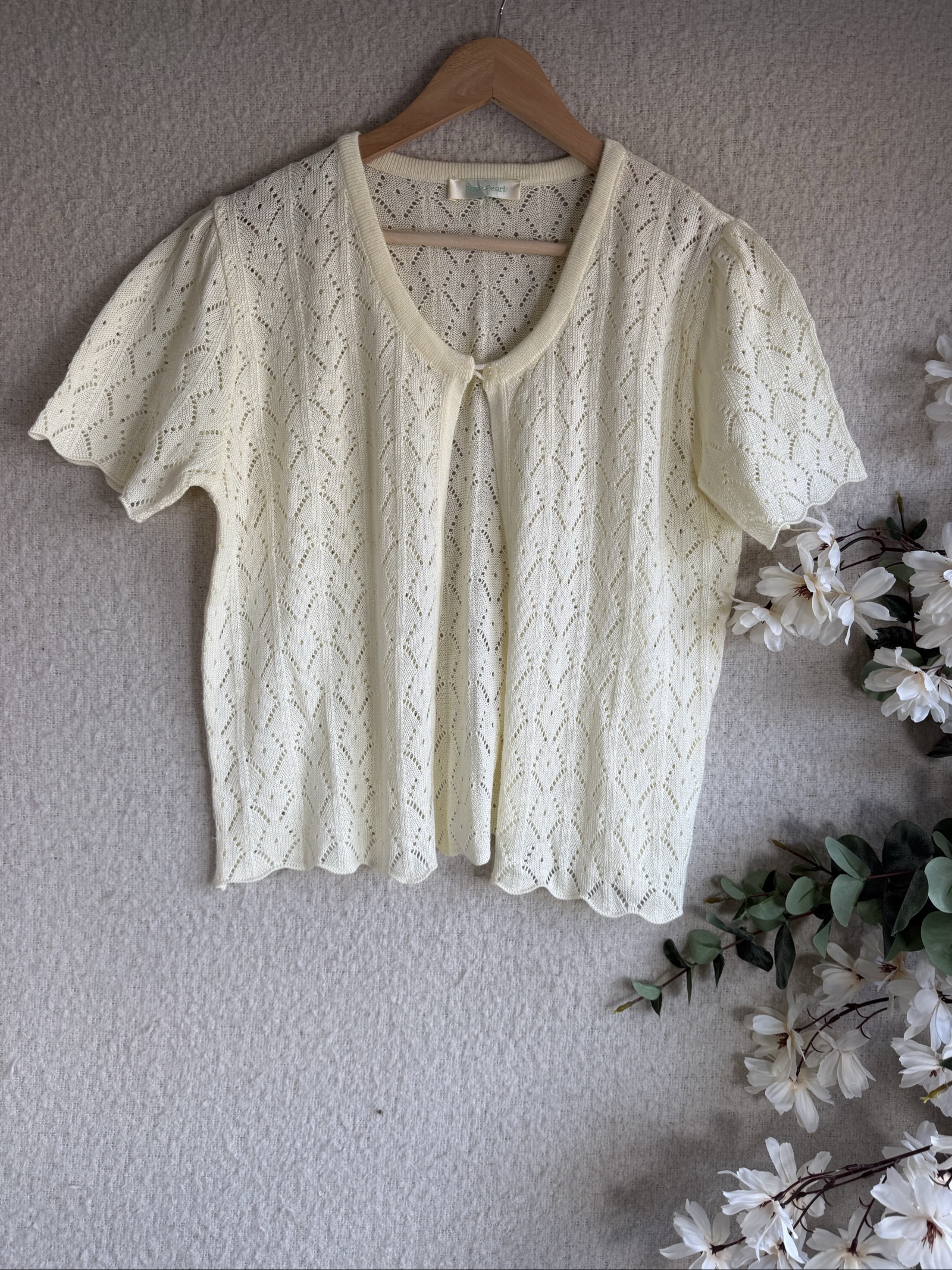 Rose Pearl Cream Knit Short Sleeve Cardigan UK Small Delicate Patterned Summer Knitwear