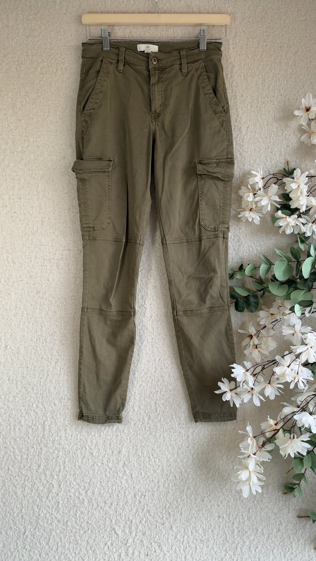 H&M Khaki Cargo Trousers UK 10 Casual Utility Pocket Detail