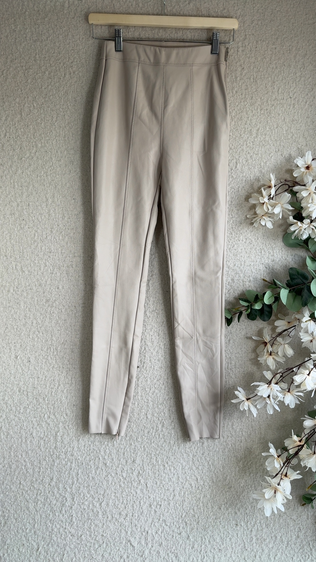 Amisu Beige Faux Leather Skinny Pants UK 8 Stylish High Waist Trousers