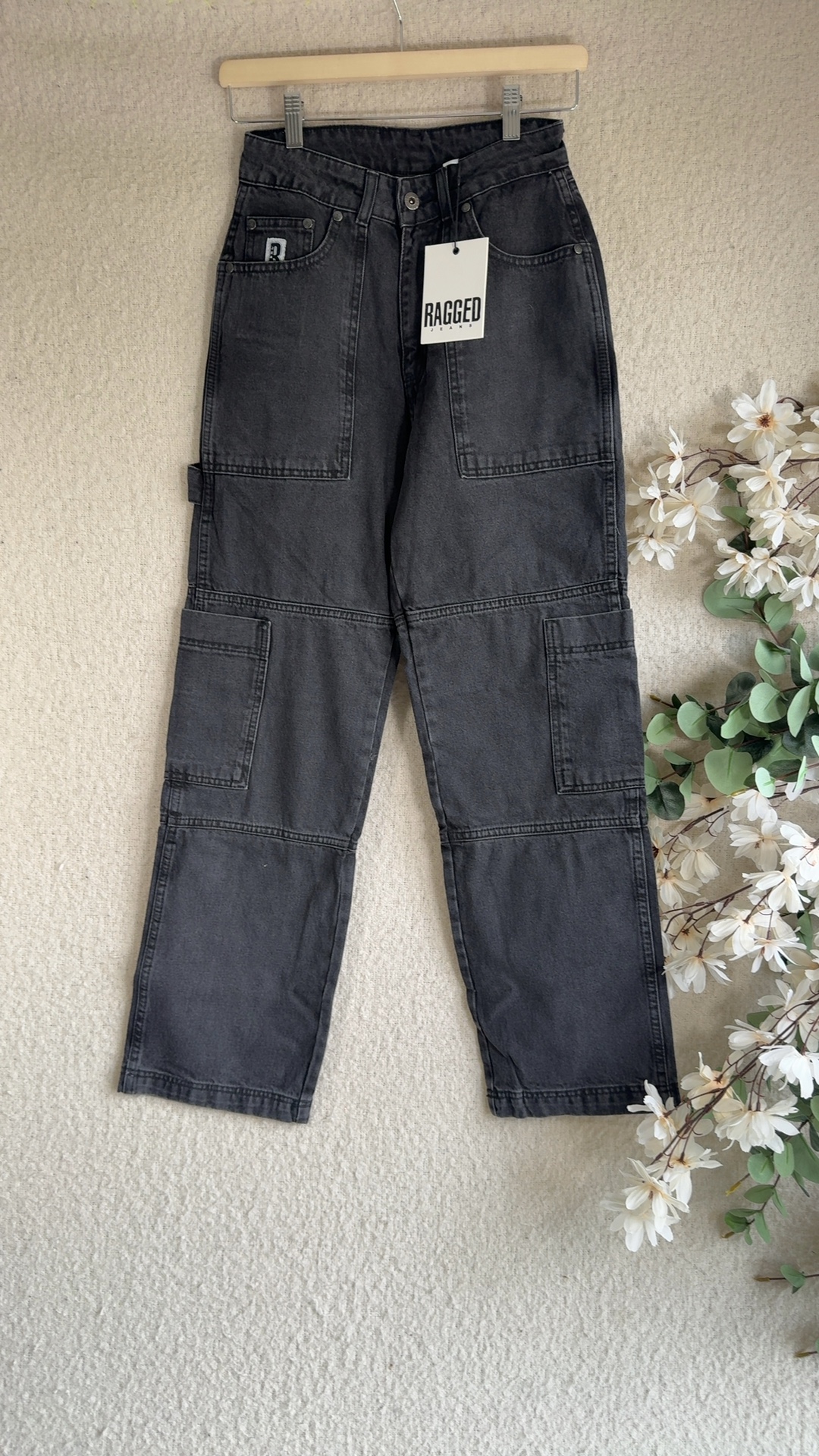 Ragged Jeans Black Cargo Denim Trousers UK 26 Stylish Casual Pants