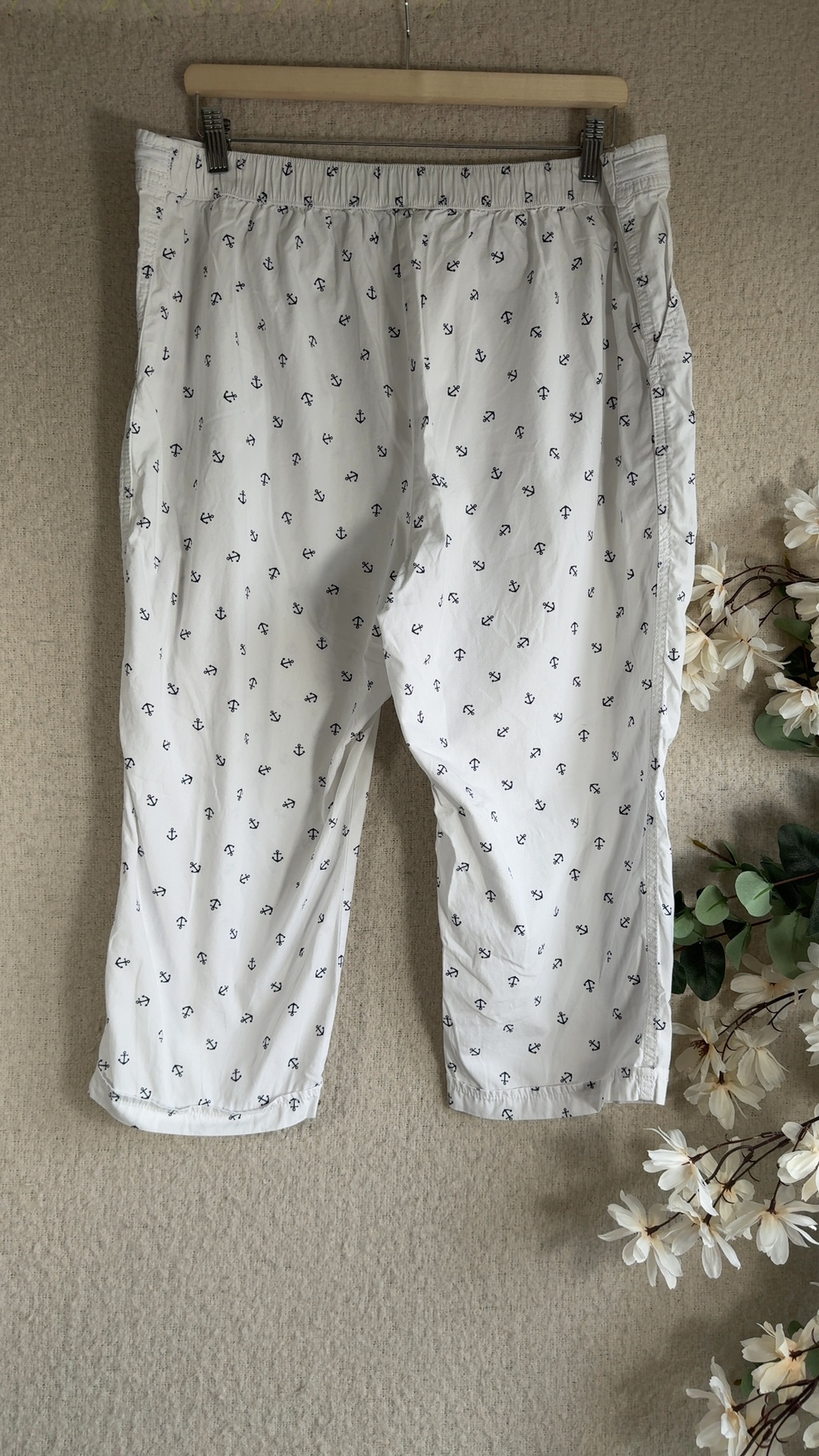Bonmarché White & Navy Anchor Print Cotton Trousers UK 18 Elastic Waist image 5