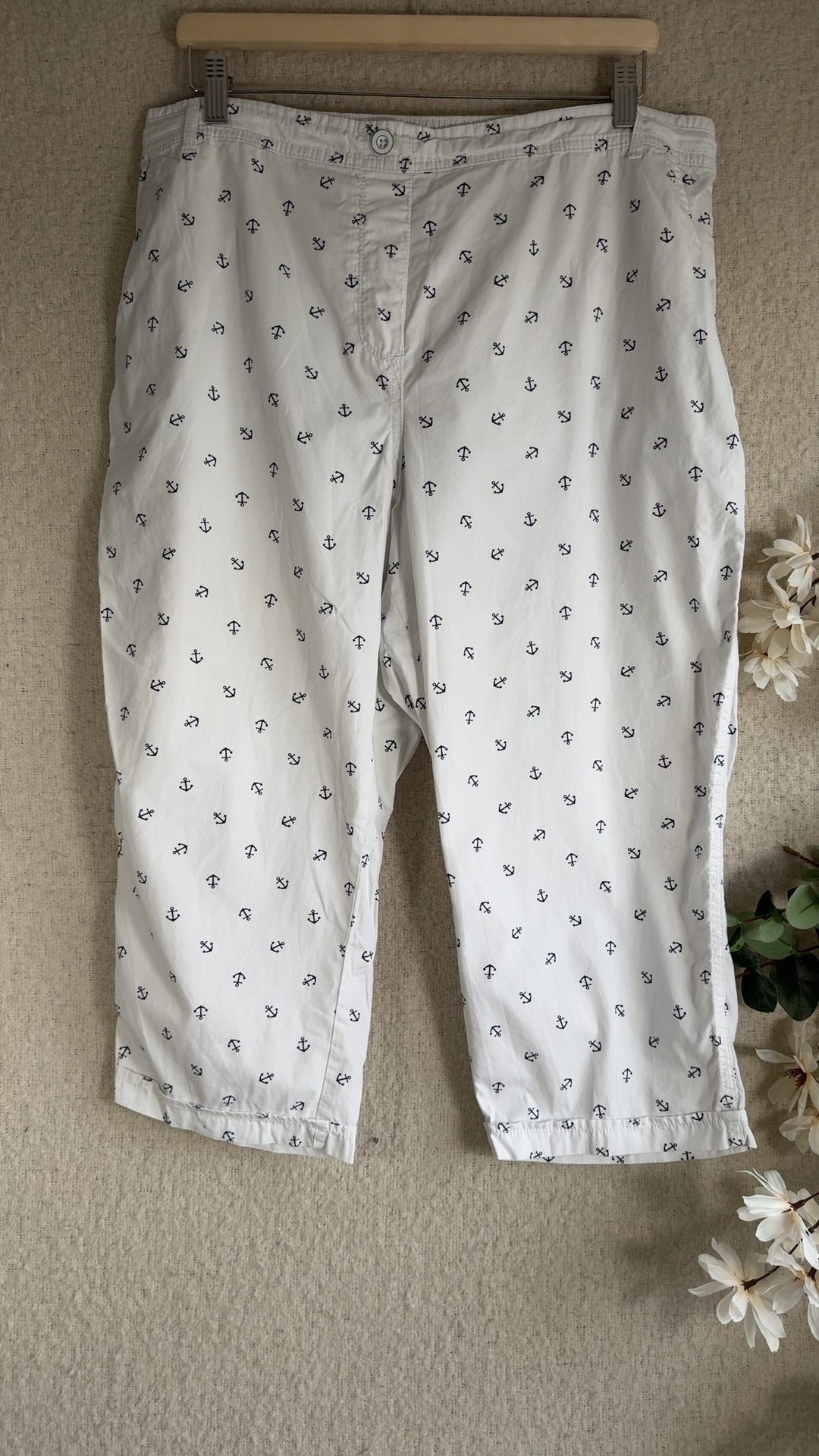 Bonmarché White & Navy Anchor Print Cotton Trousers UK 18 Elastic Waist