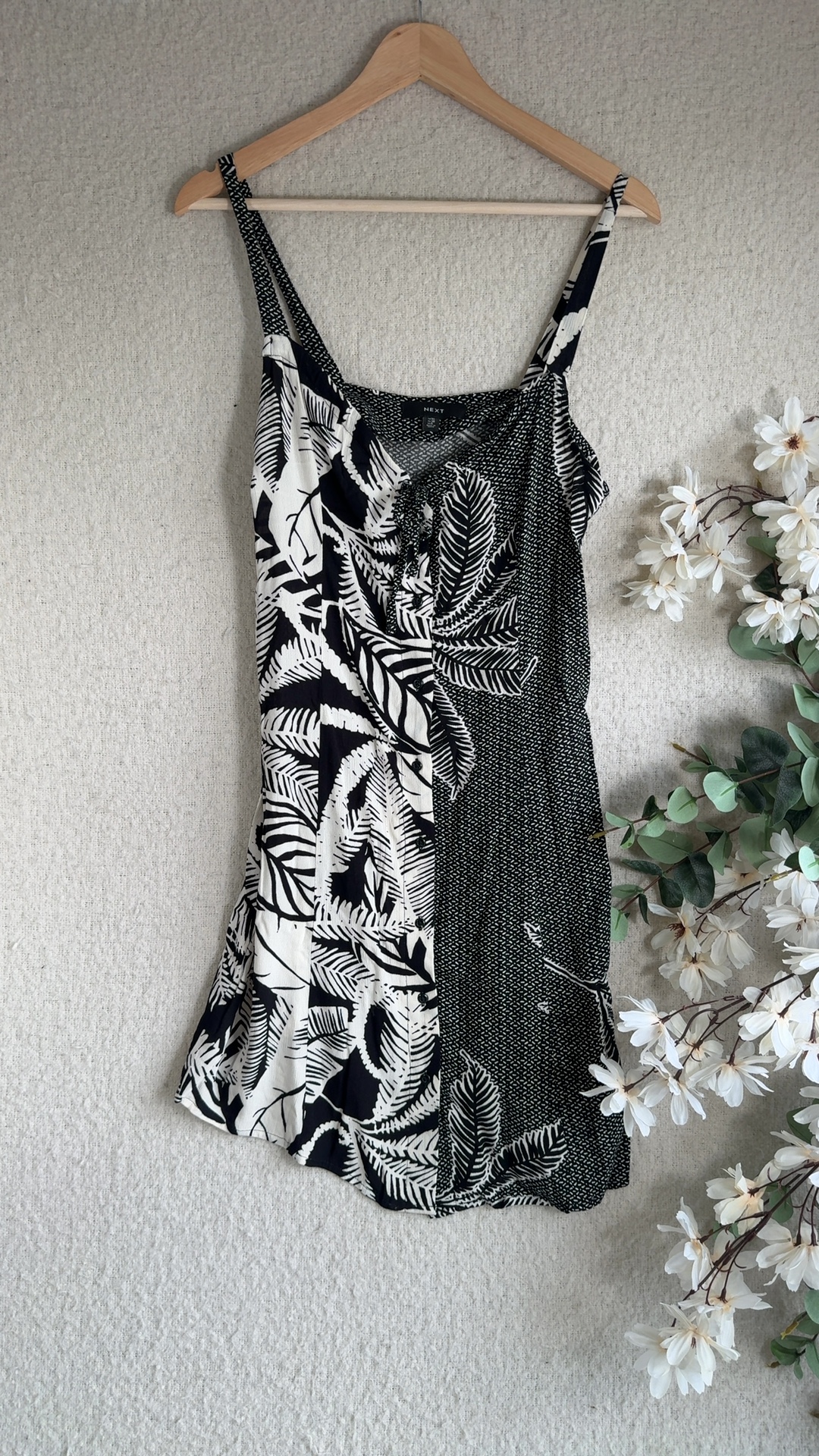 Next Black & White Leaf Print Strappy Dress UK 10 Lightweight Viscose Summer