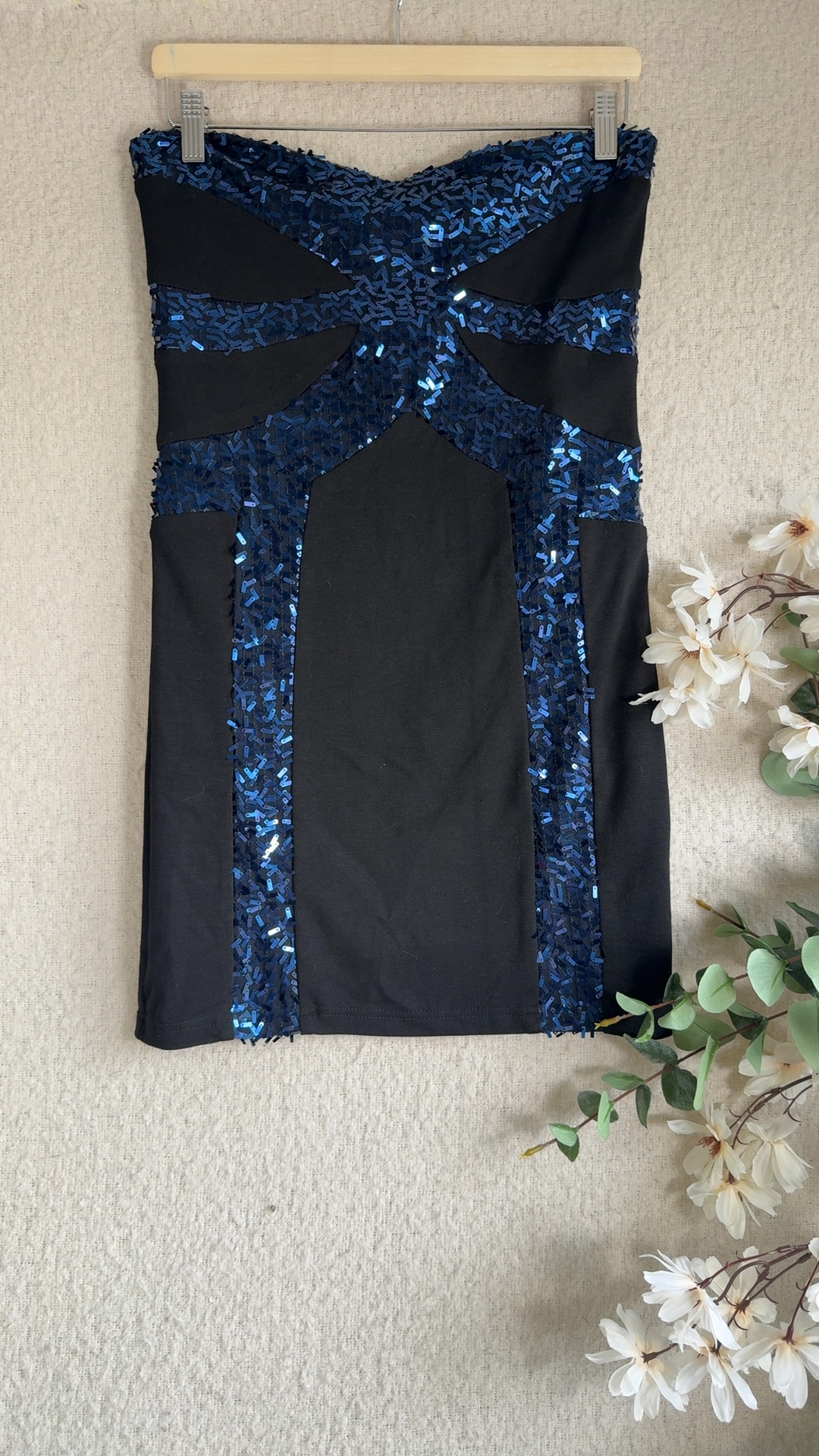 Quiz Black & Blue Sequin Embellished Tube Dress UK 14 Elegant Partywear