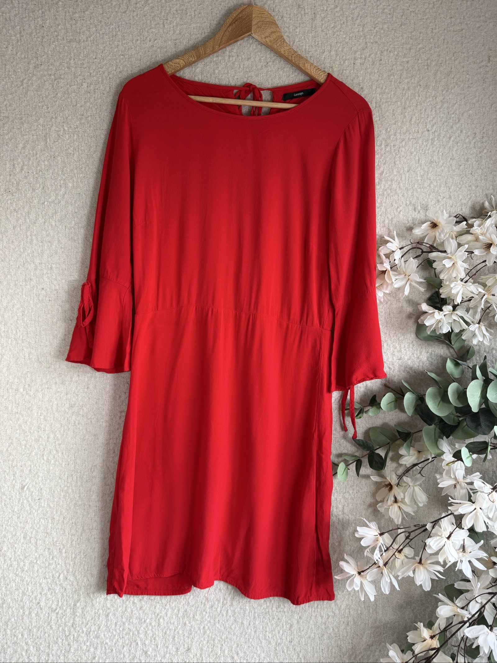 George Red Casual Dress UK Small 3/4 Sleeves Tie Back Lightweight Style