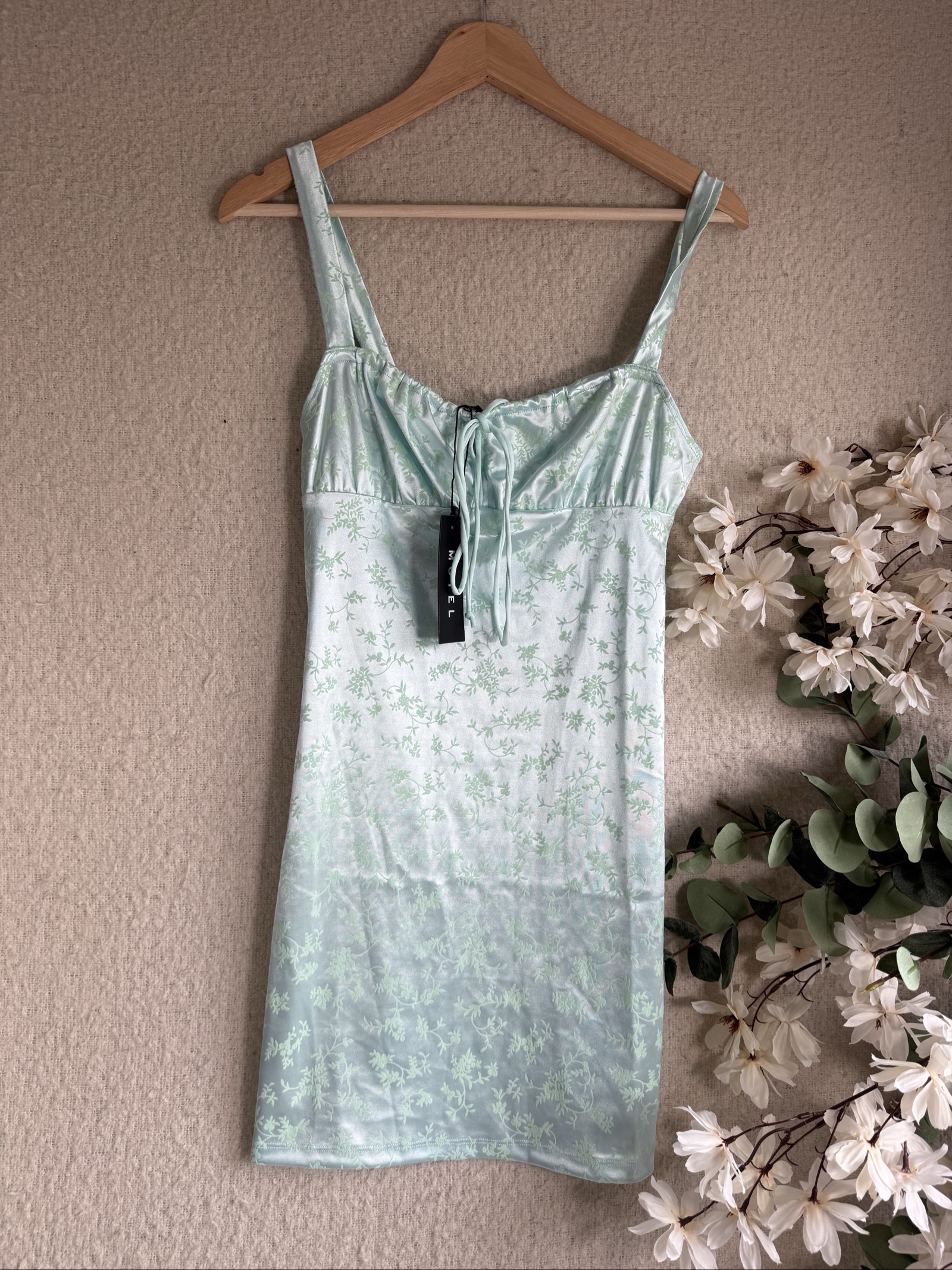 Motel Light Green Floral Satin Slip Dress UK Medium Elegant Summer Dress