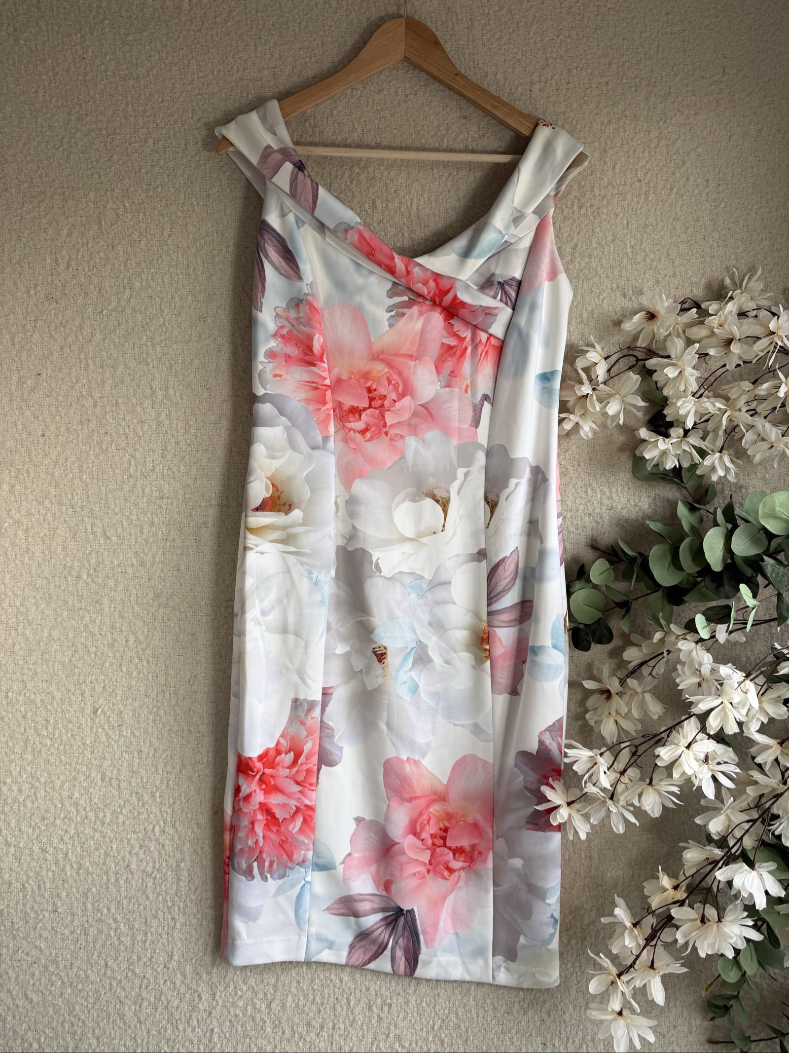 M&S White & Pink Floral Sheath Dress UK 14 Elegant Occasion Summer Dress