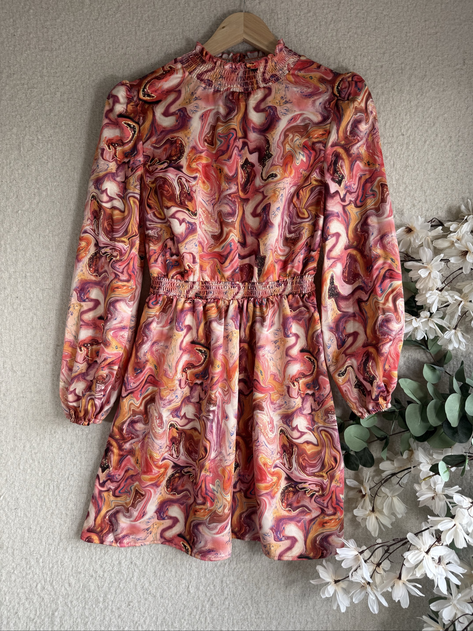 Little Mistress Multi-Colour Abstract Print Long Sleeve Dress UK 6 Stylish Fit