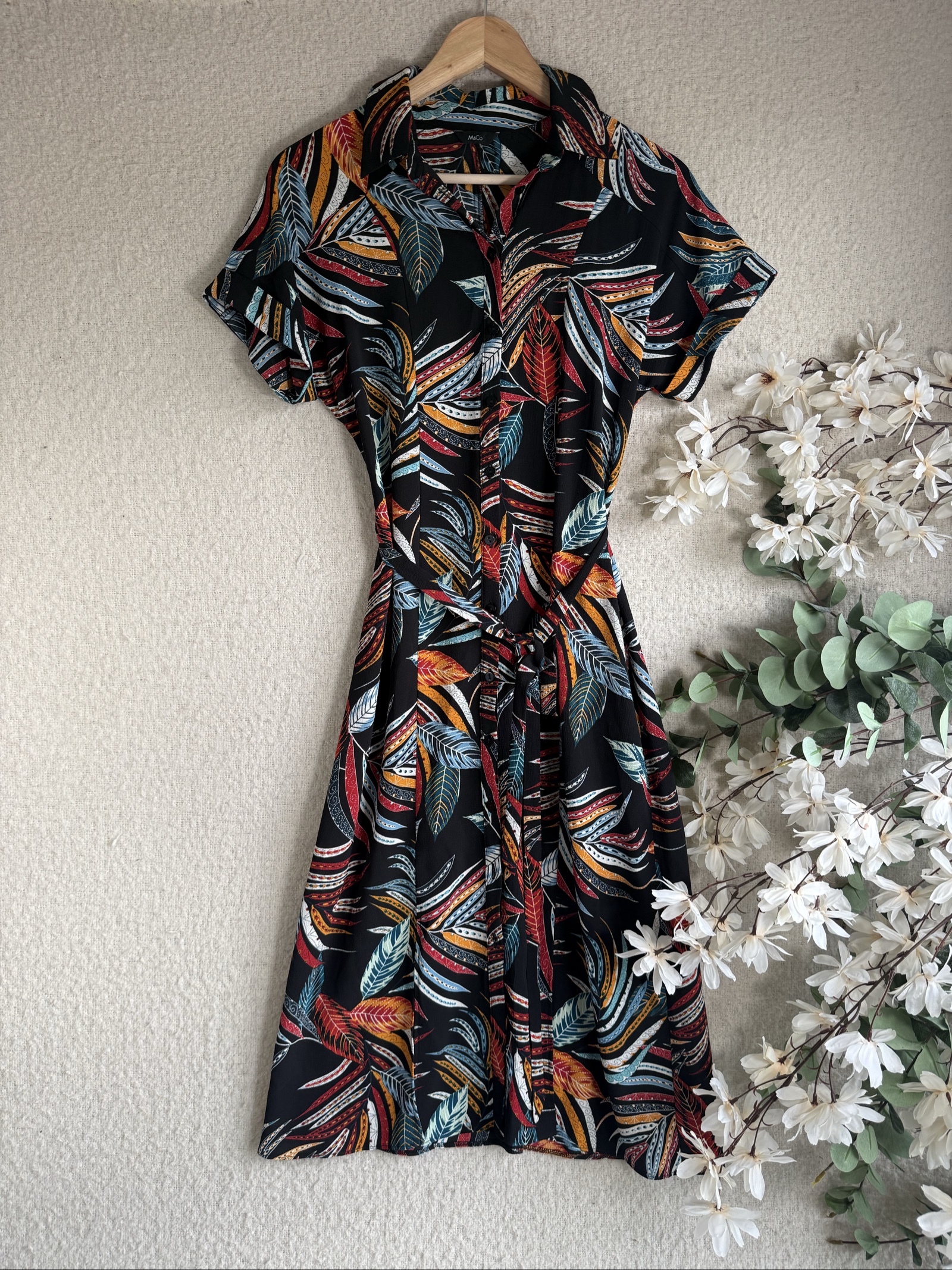 M&Co Multi Colour Leaf Print Shirt Dress UK 12 Short Sleeve Belted Summer Dress