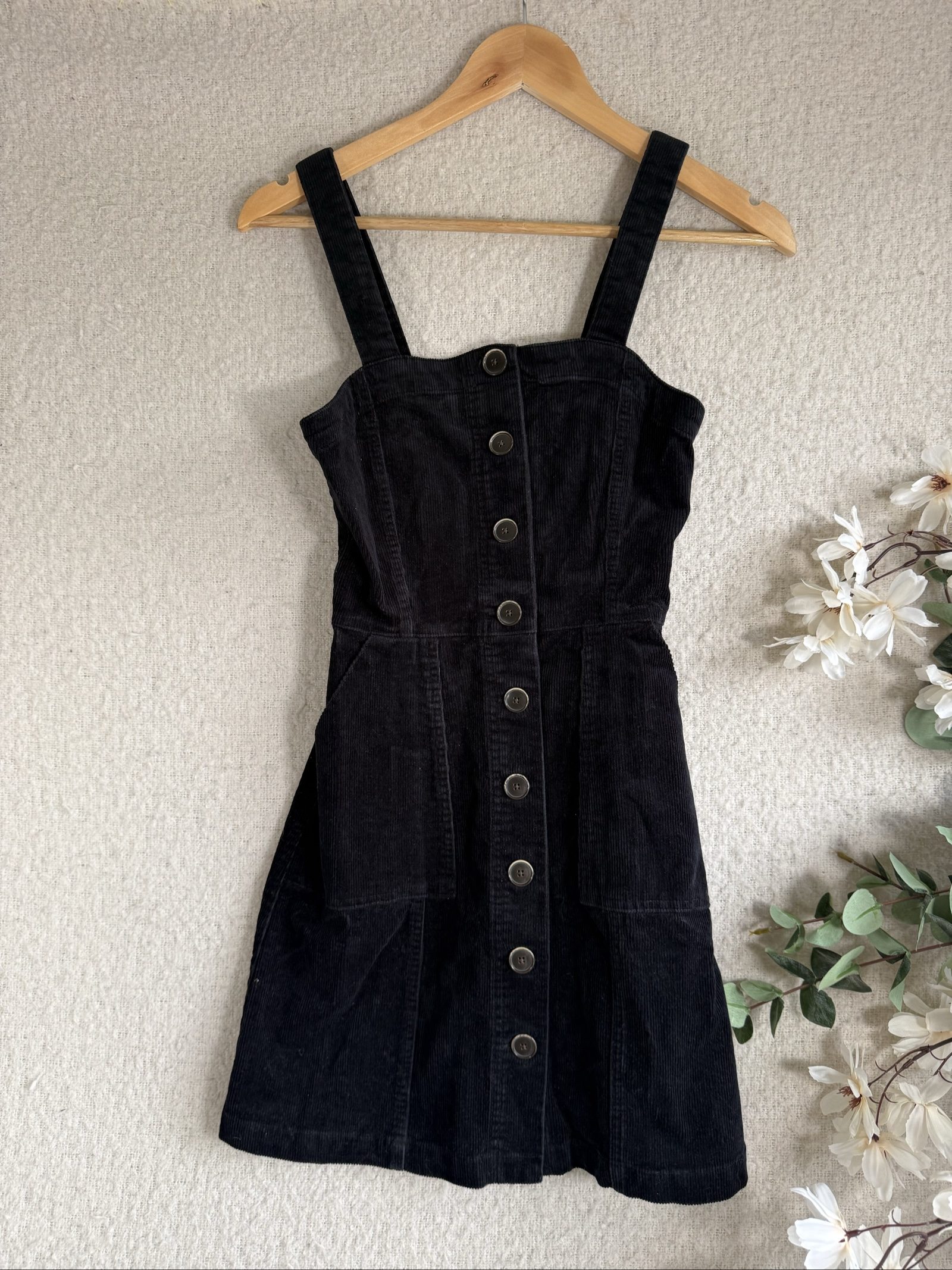 Denim Co Black Corduroy Button Front Dress UK 6 Stylish Sleeveless Pinafore