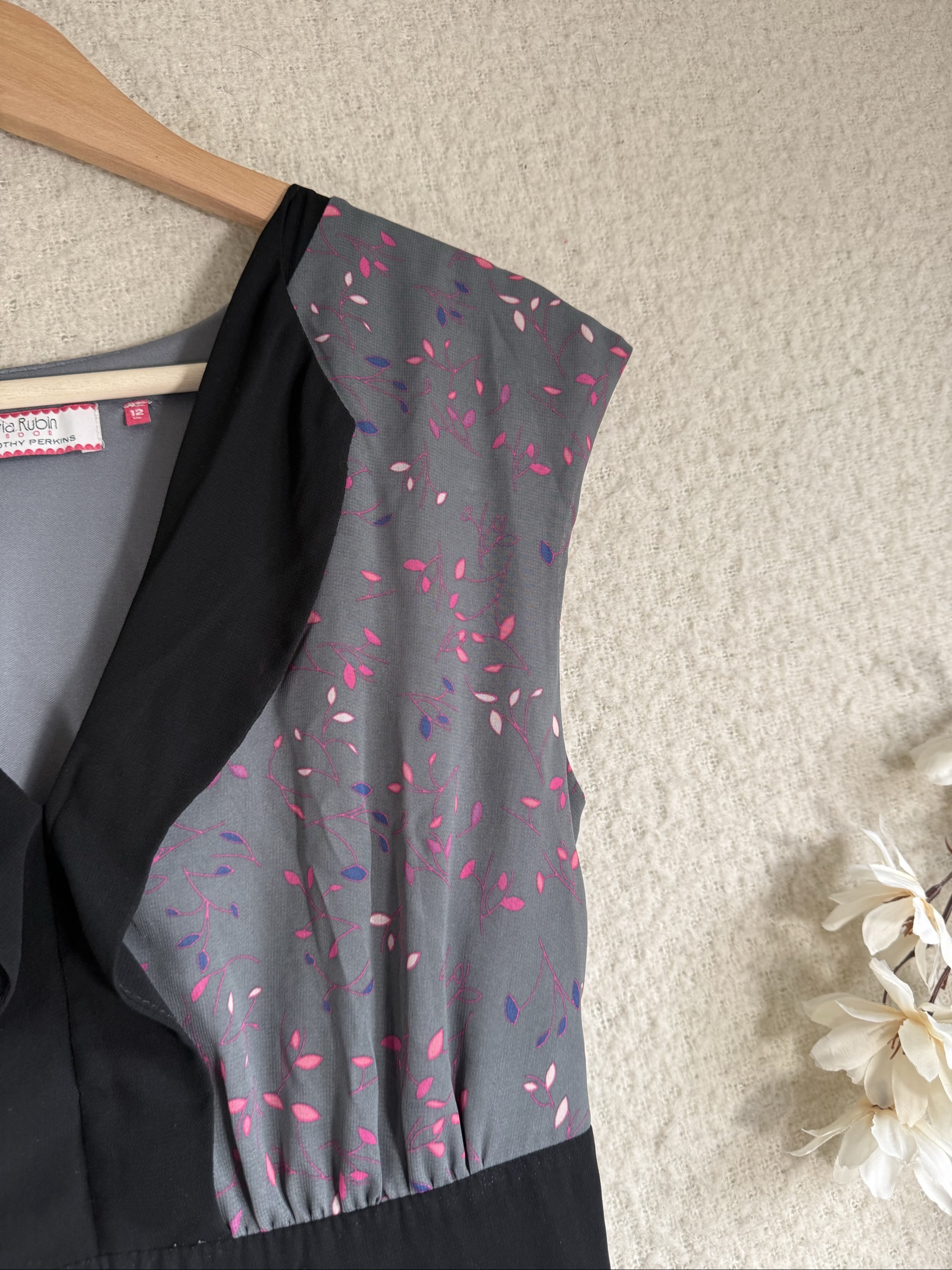 Olivia Rubin Grey Floral & Black Vintage Style Dress UK 12 Elegant Fit Flare image 2