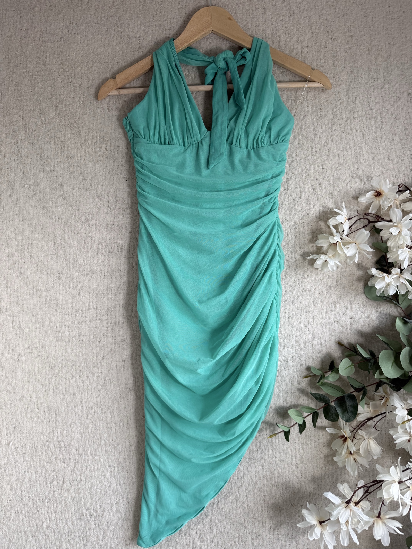 Oh Polly Mint Green Ruched Halter Neck Dress UK 10 Elegant Occasion Midi