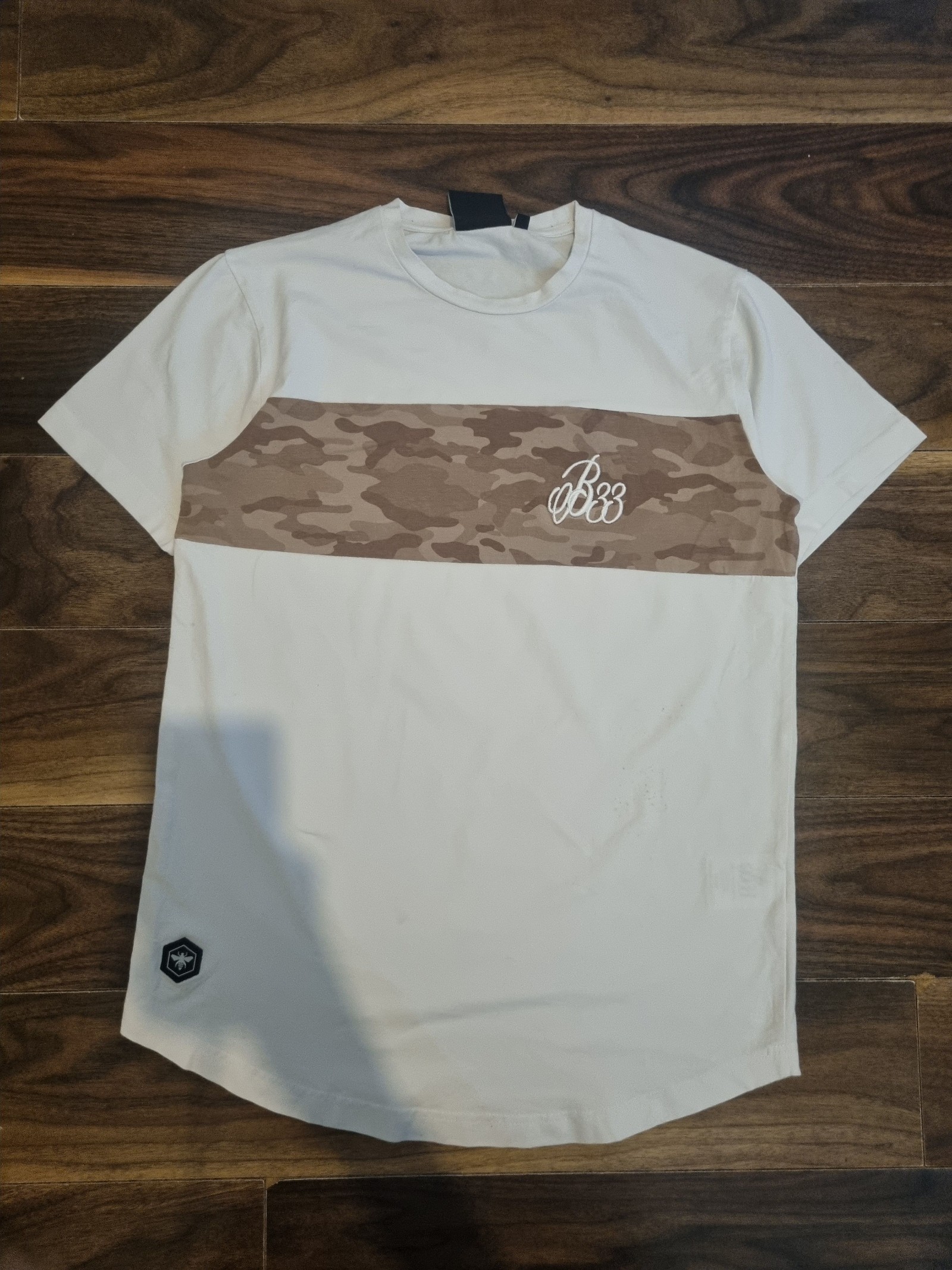 Bee Inspired Cream & Brown Camo Stripe T-Shirt Small