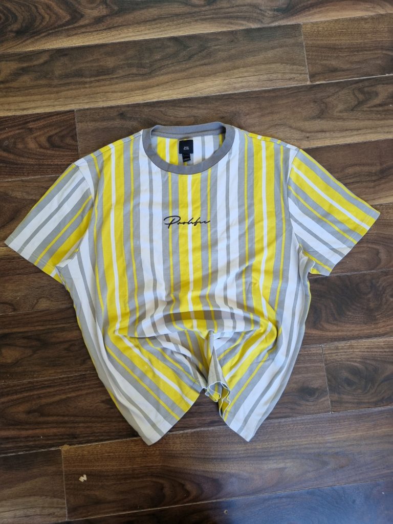 River Island Yellow, Grey & White Striped T-Shirt Large Logo Embroidered