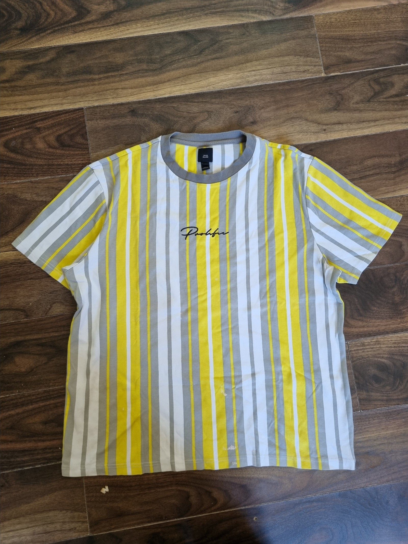 River Island Yellow, Grey & White Striped T-Shirt Large Logo Embroidered image 2