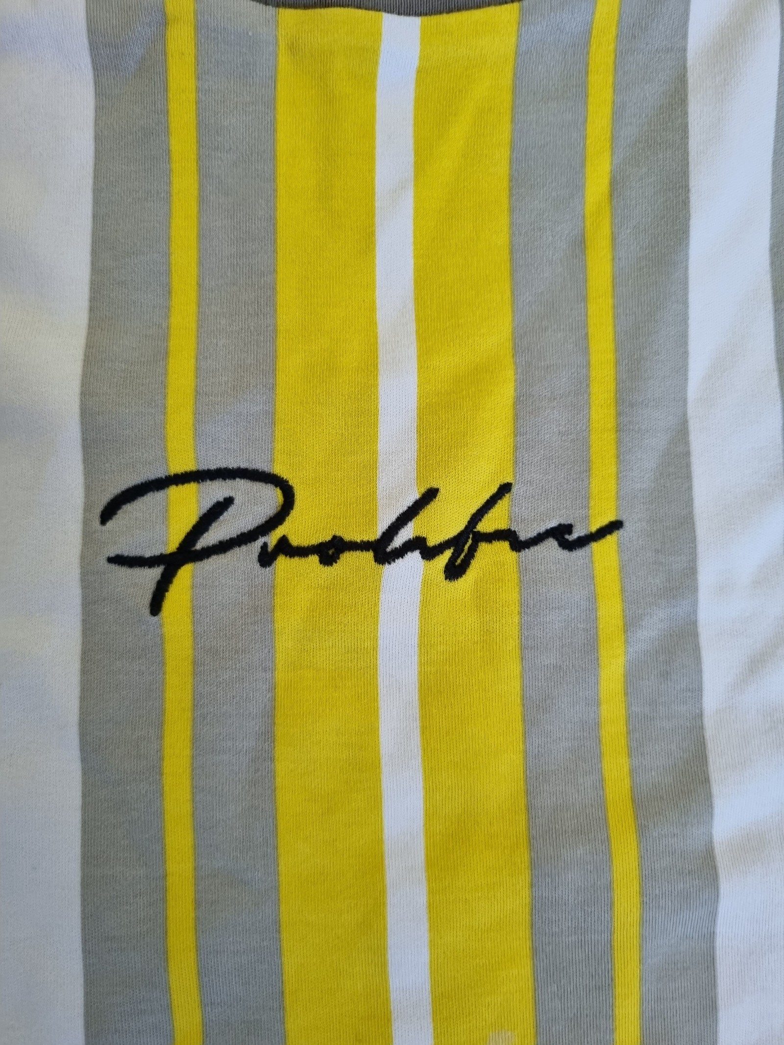 River Island Yellow, Grey & White Striped T-Shirt Large Logo Embroidered image 3