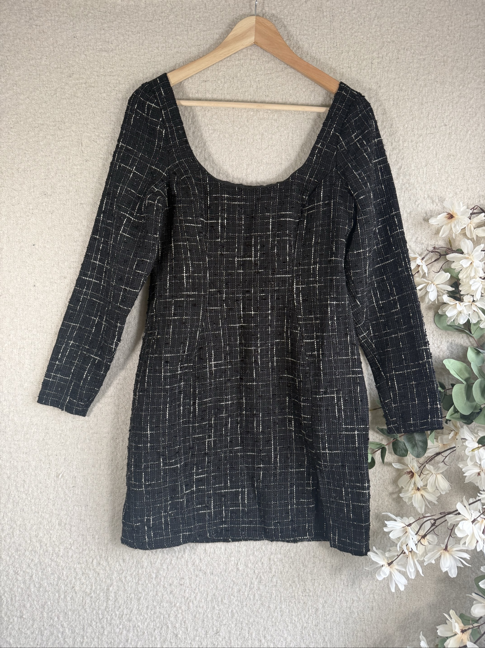 ASOS DESIGN Black Tweed Check Long Sleeve Dress UK 14 Elegant Chic