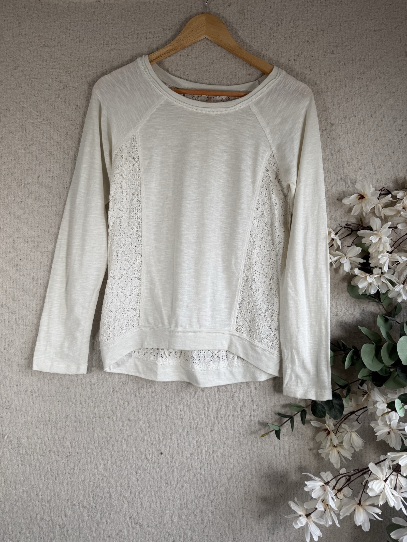 Poof Cream Lace Detail Long Sleeve Top UK Medium Stylish Elegant Casual