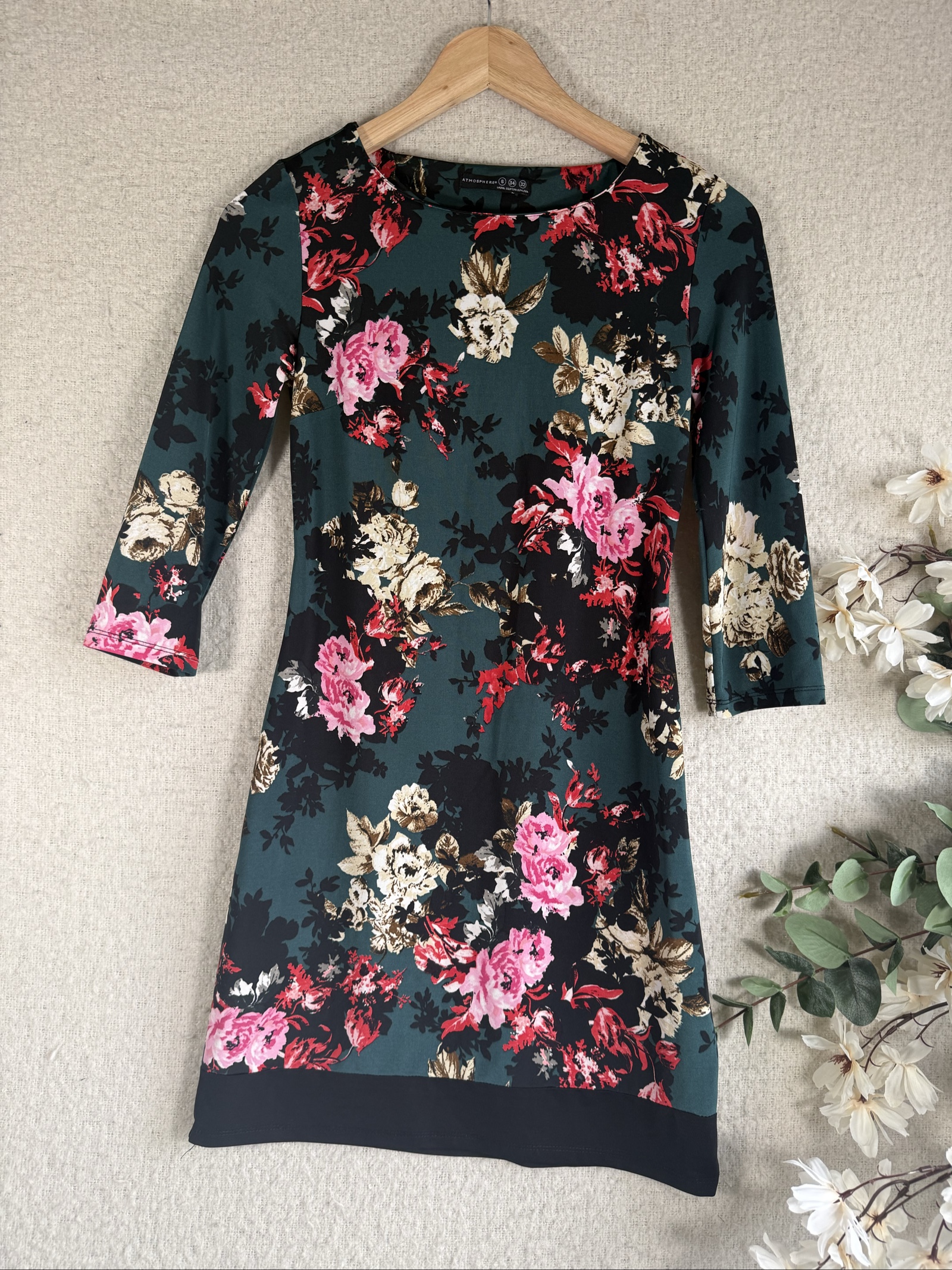Atmosphere Green Floral Print 3/4 Sleeve Dress UK 6 Elegant Casual