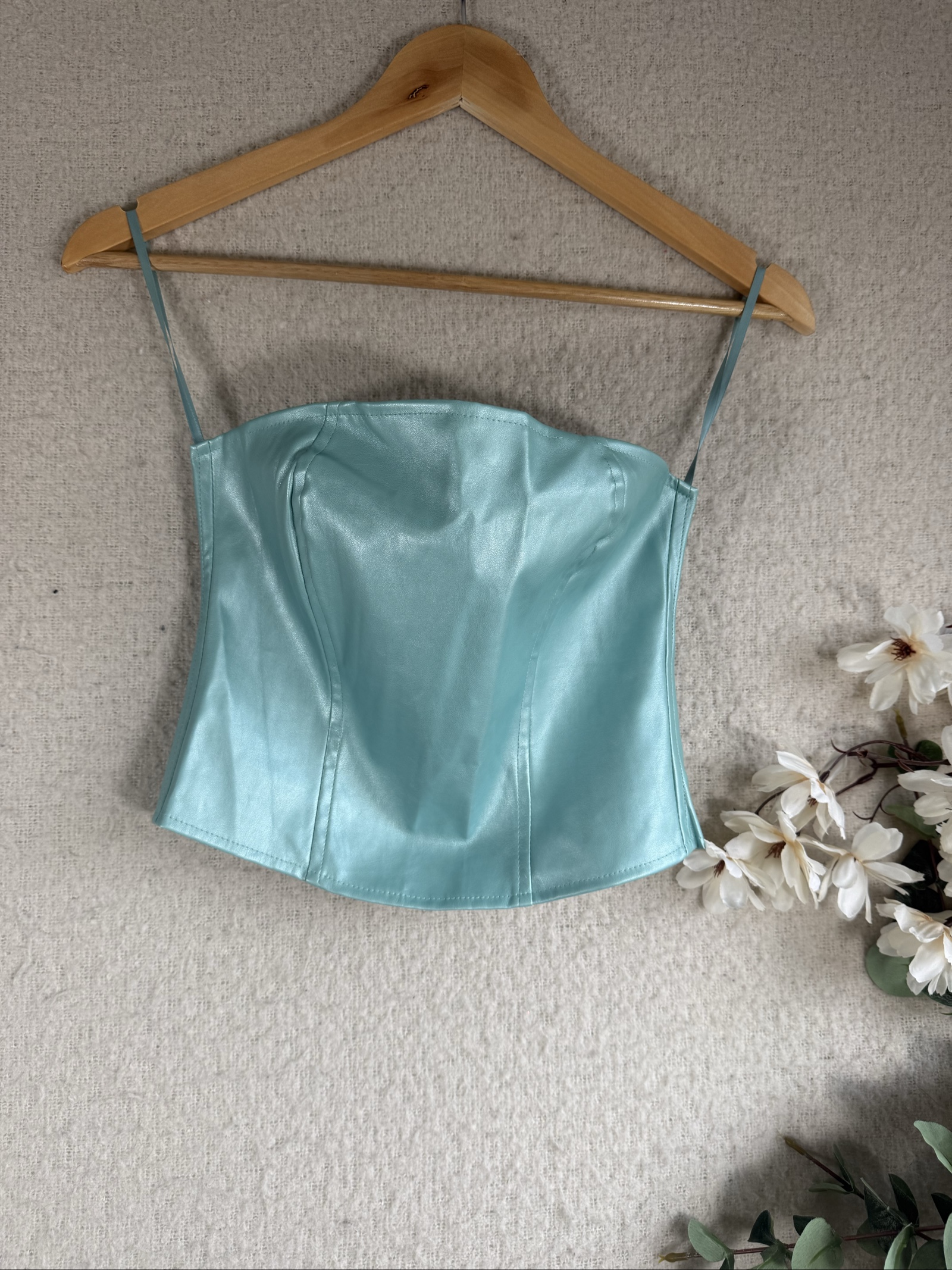 Motel Pale Blue Faux Leather Corset Top UK Small Stylish Summer Party