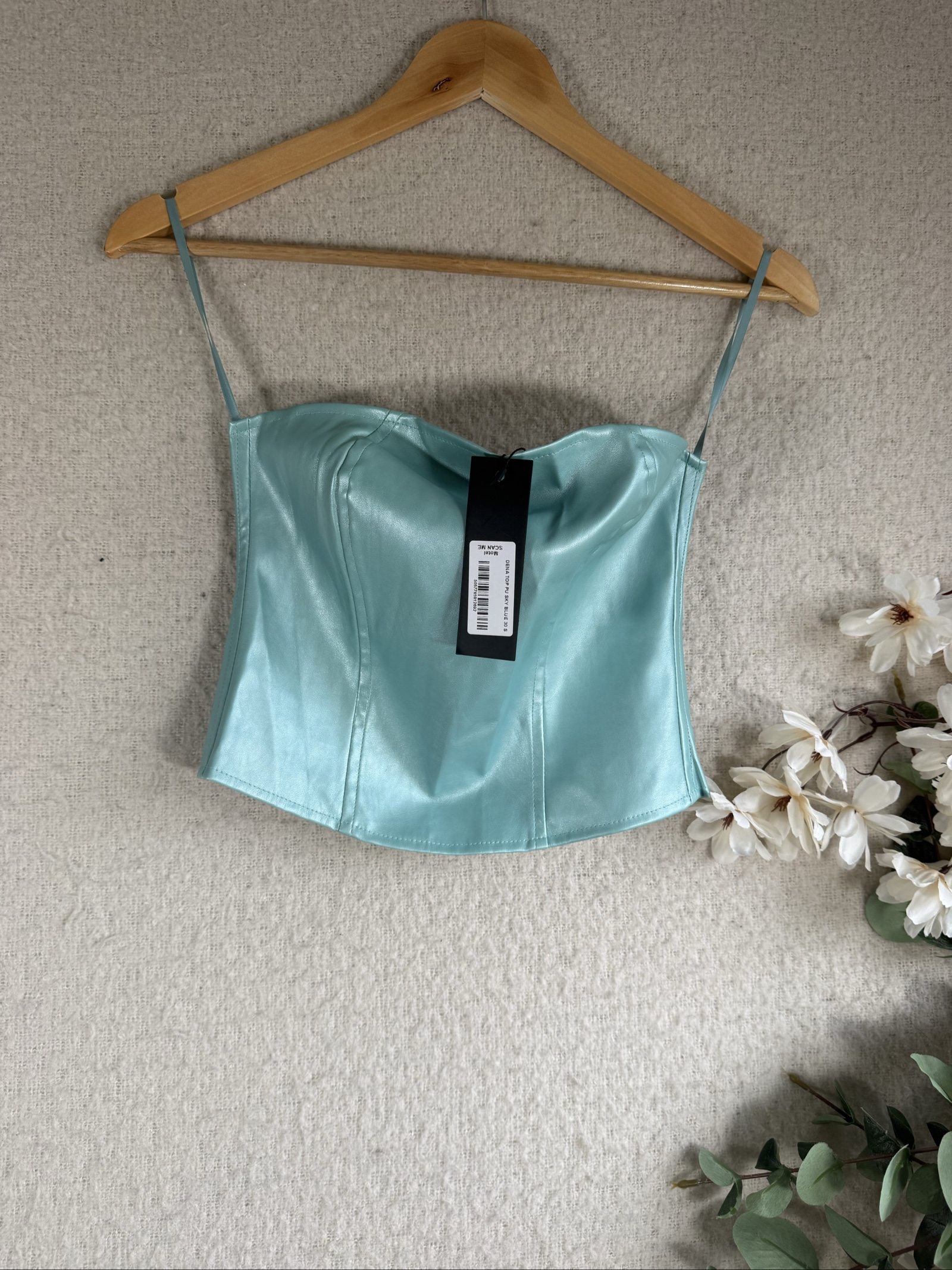 Motel Pale Blue Faux Leather Corset Top UK Small Stylish Summer Party image 3