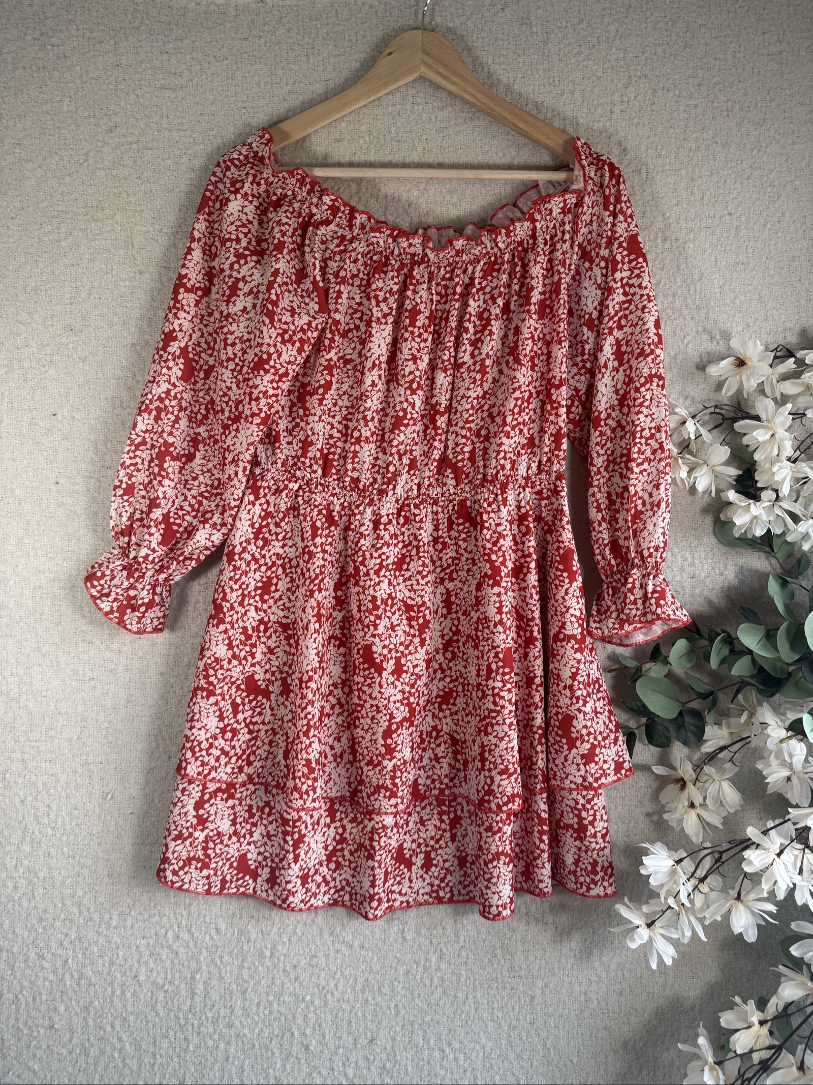 Parisian Red & White Floral Off Shoulder Dress UK 14 Lightweight Summer Dress