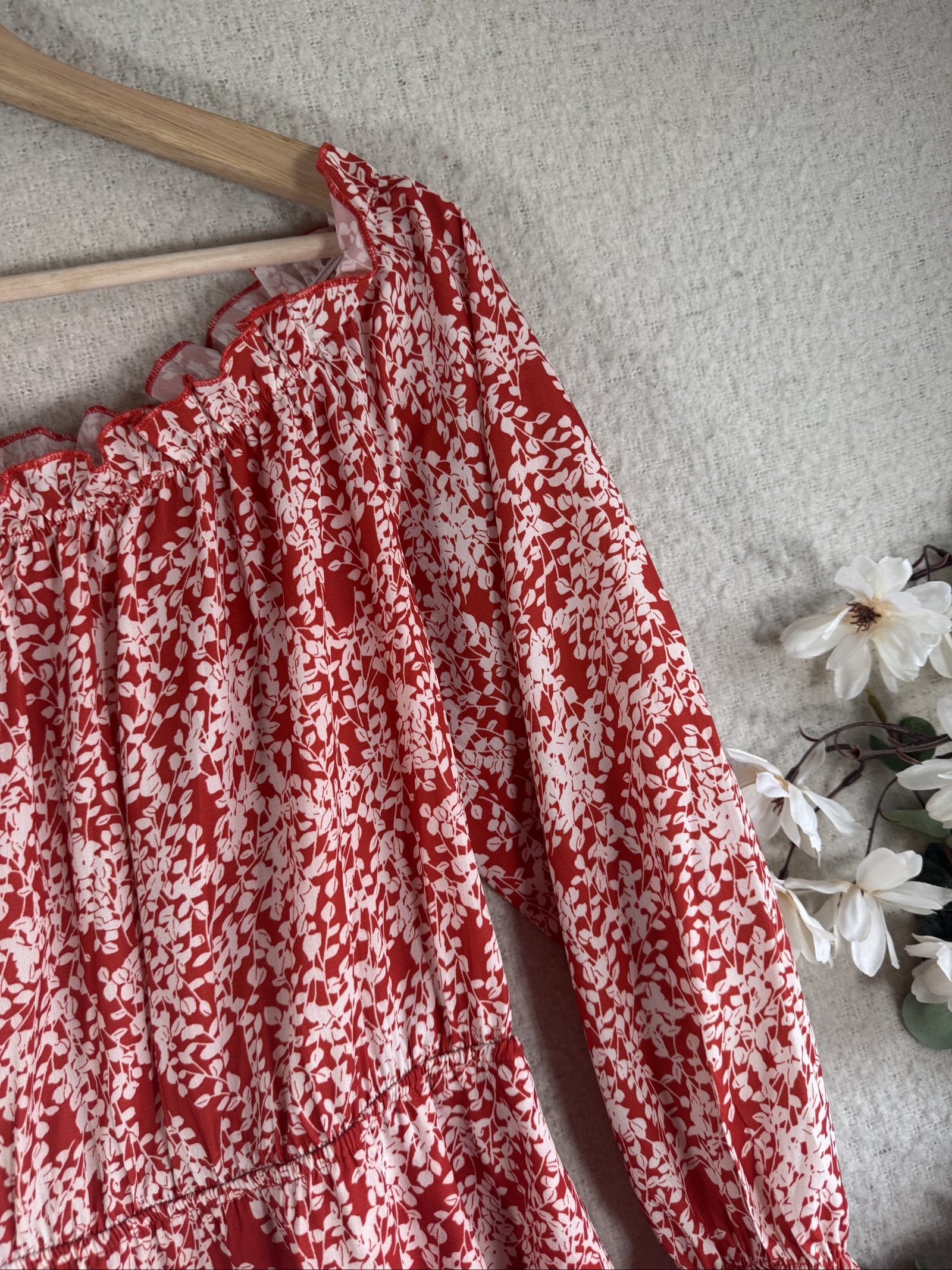 Parisian Red & White Floral Off Shoulder Dress UK 14 Lightweight Summer Dress image 2