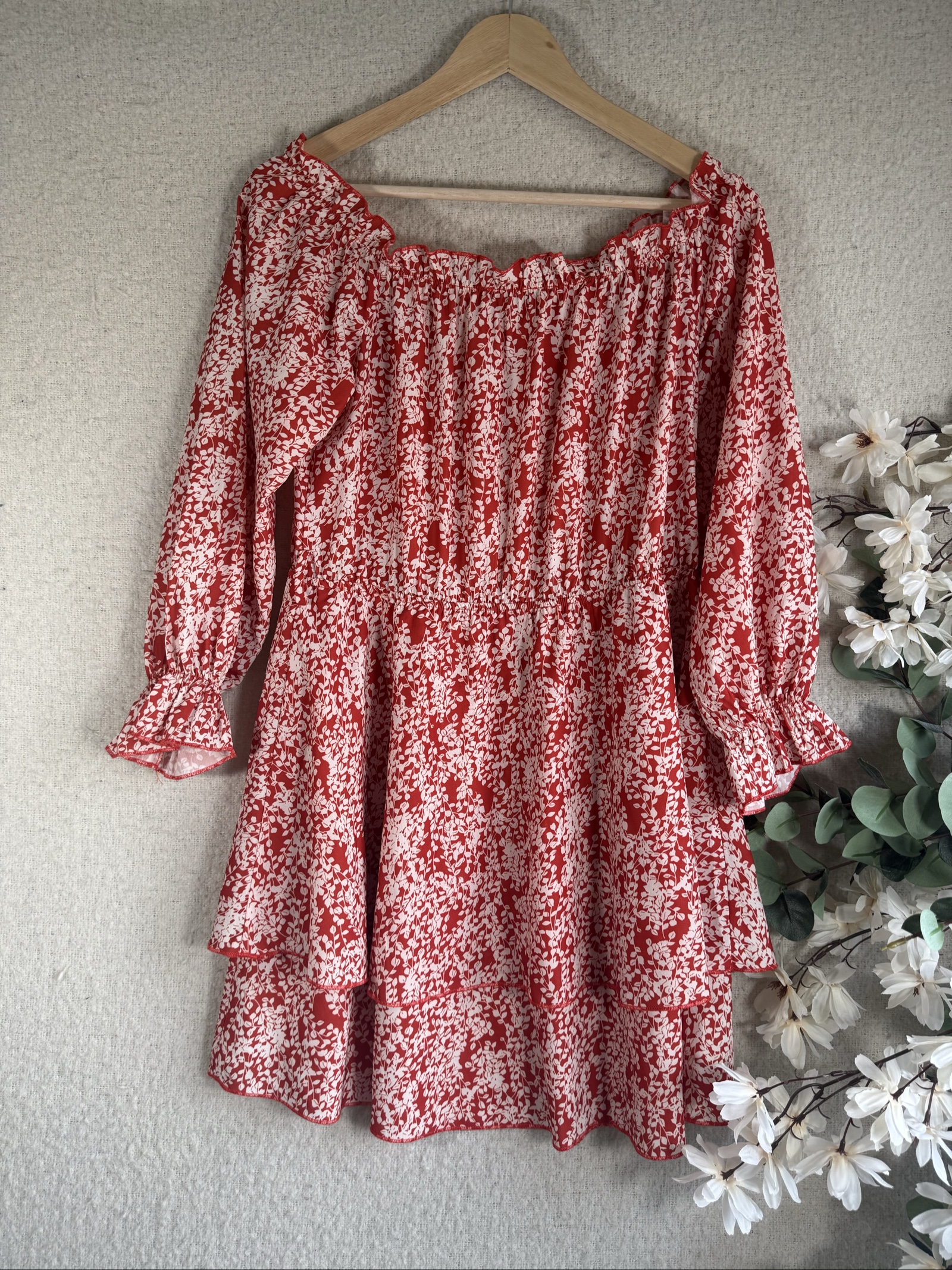 Parisian Red & White Floral Off Shoulder Dress UK 14 Lightweight Summer Dress image 4