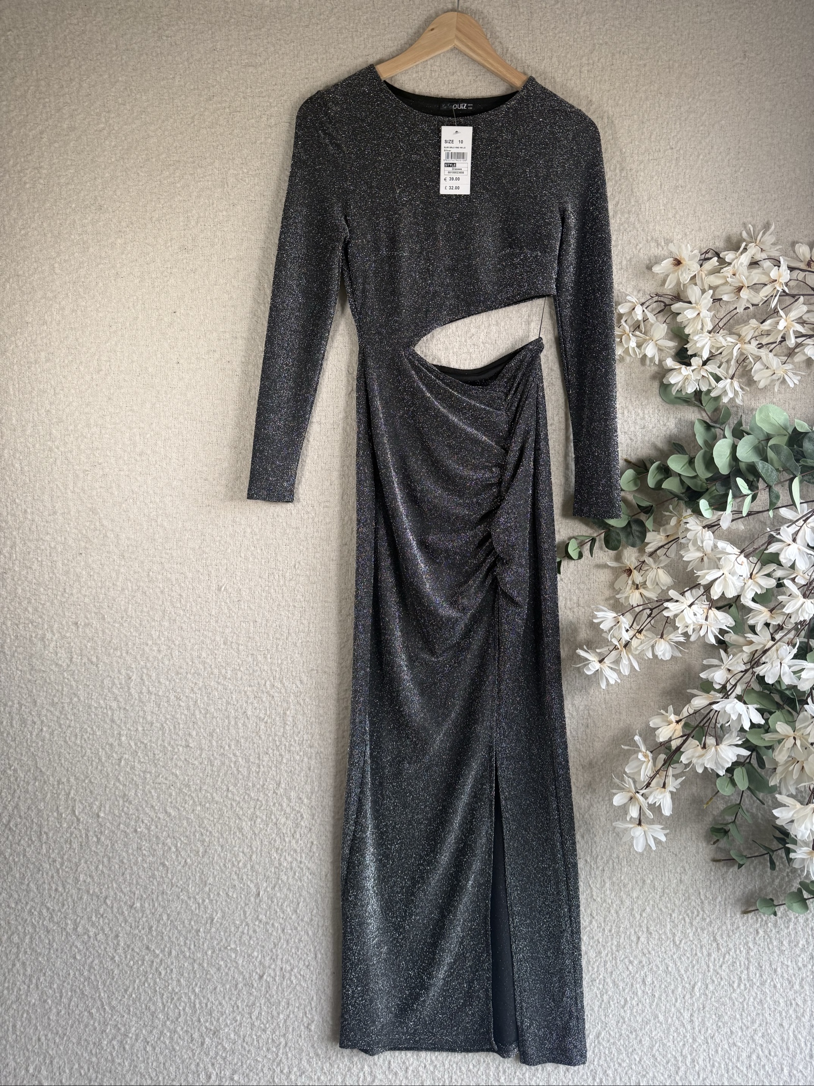 Quiz Silver Glitter Cut-Out Ruched Maxi Dress UK 10 Long Sleeve Evening Party