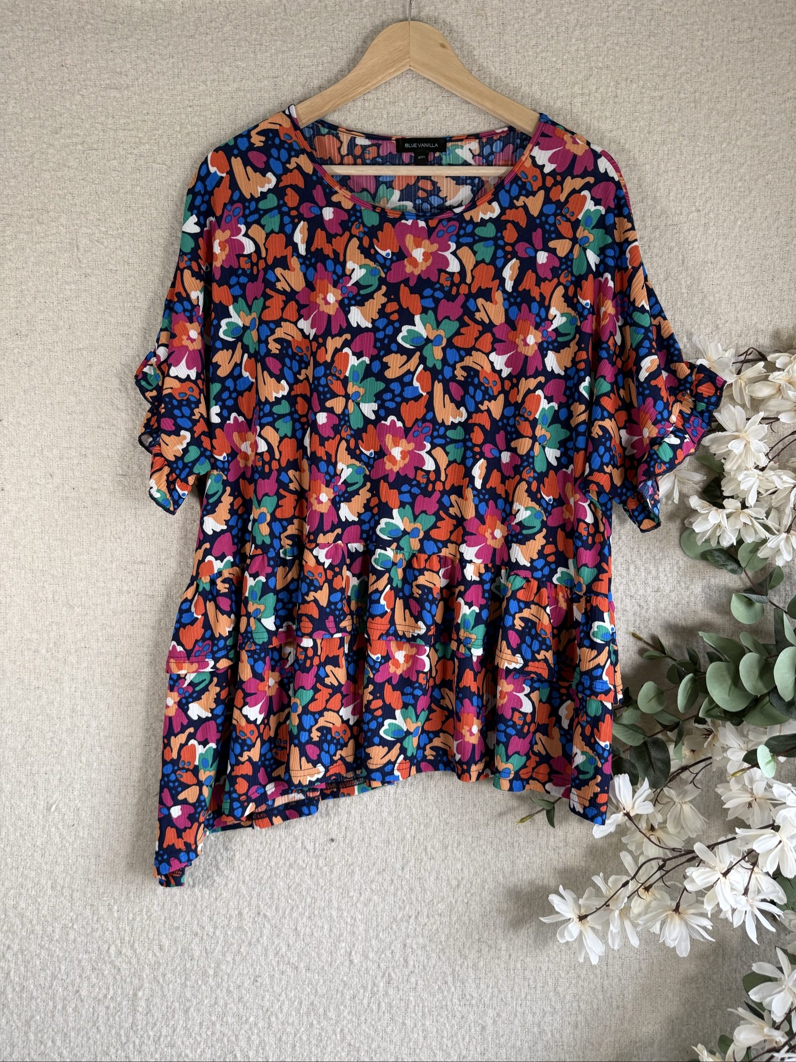 Blue Vanilla Navy Multi Floral Print Ruffle Sleeve Top UK M/L Casual Boho