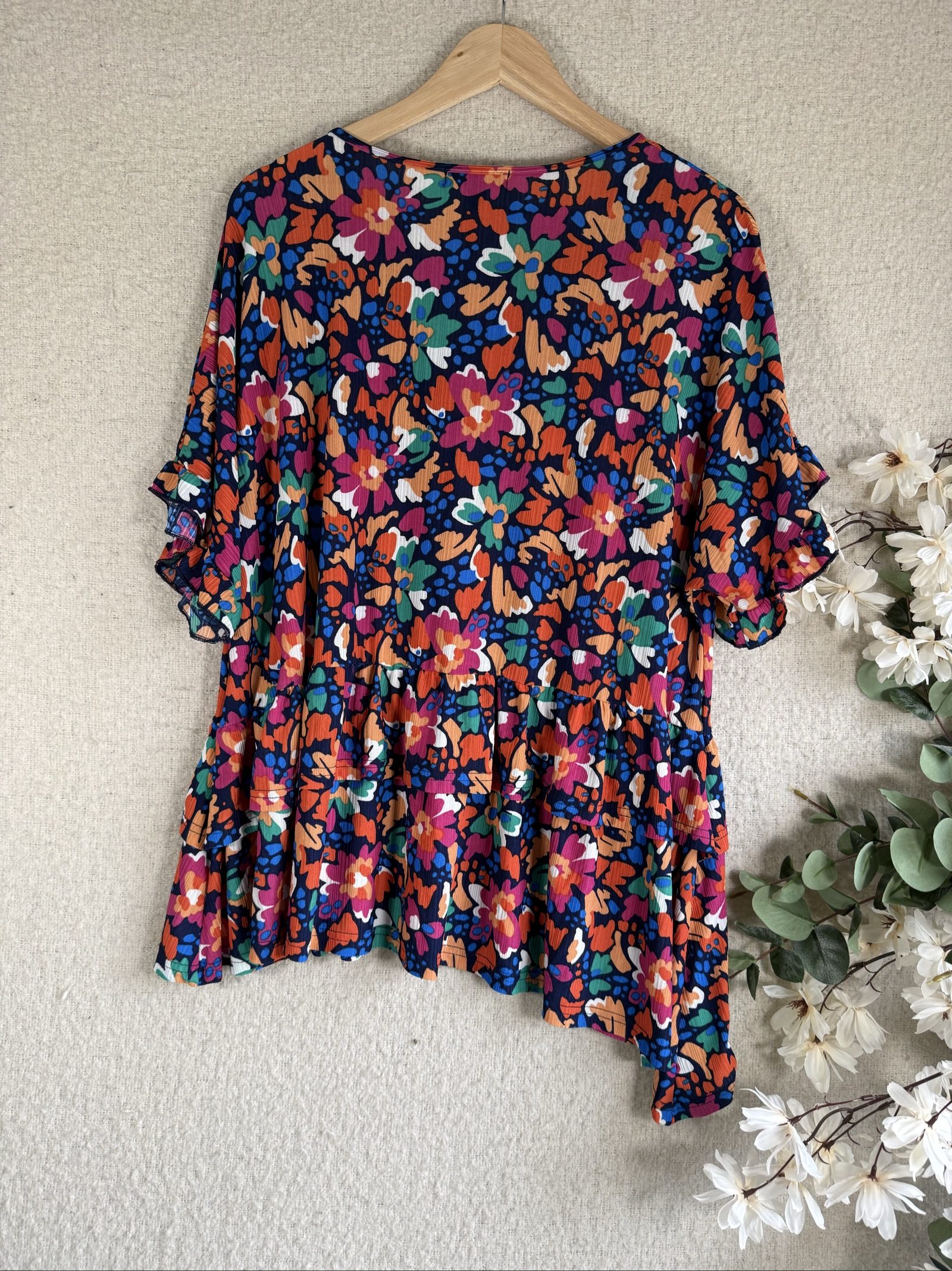 Blue Vanilla Navy Multi Floral Print Ruffle Sleeve Top UK M/L Casual Boho image 4
