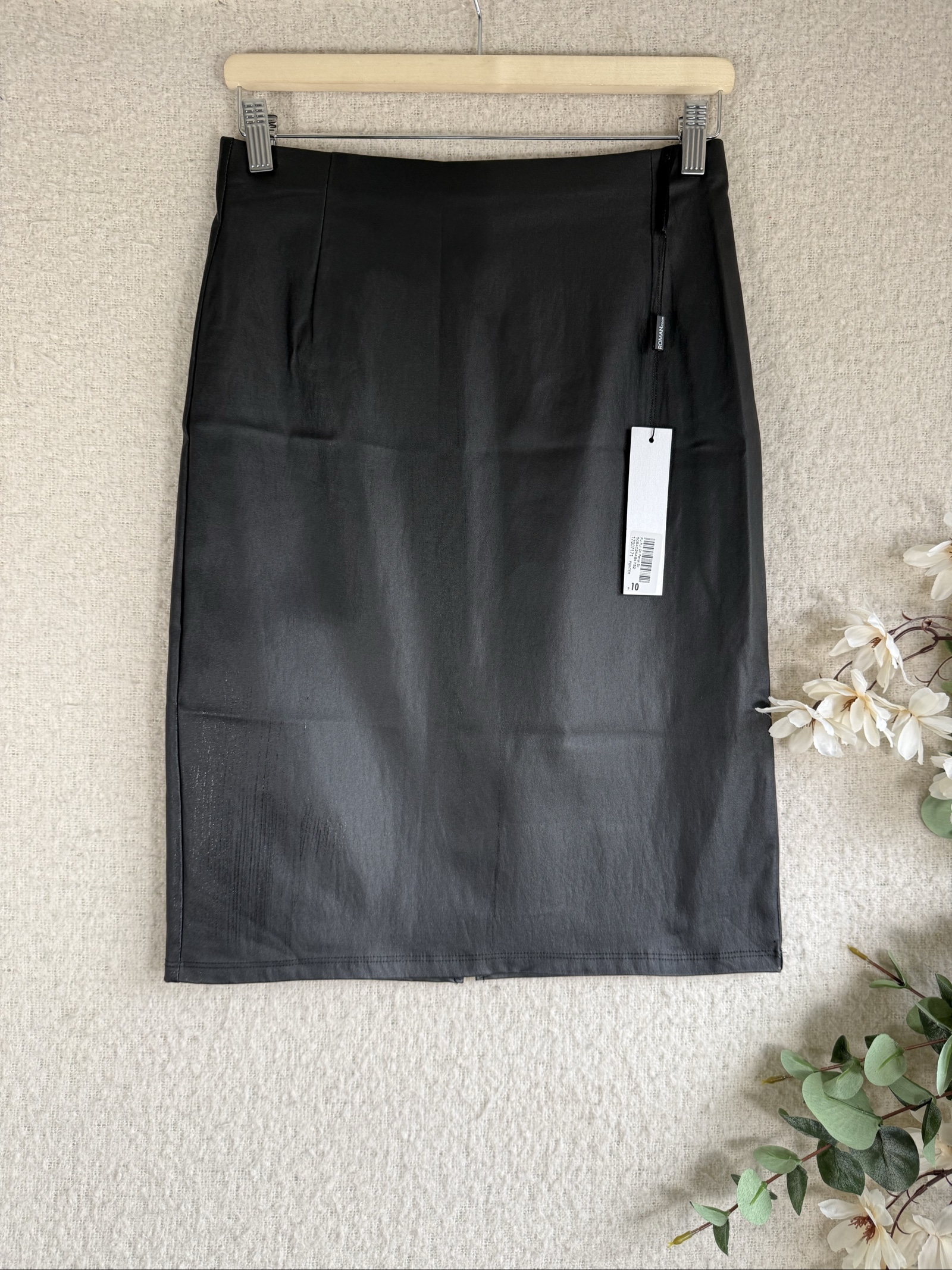 Roman Black PU Pencil Skirt UK 10 Slim Fit Classic Office Workwear