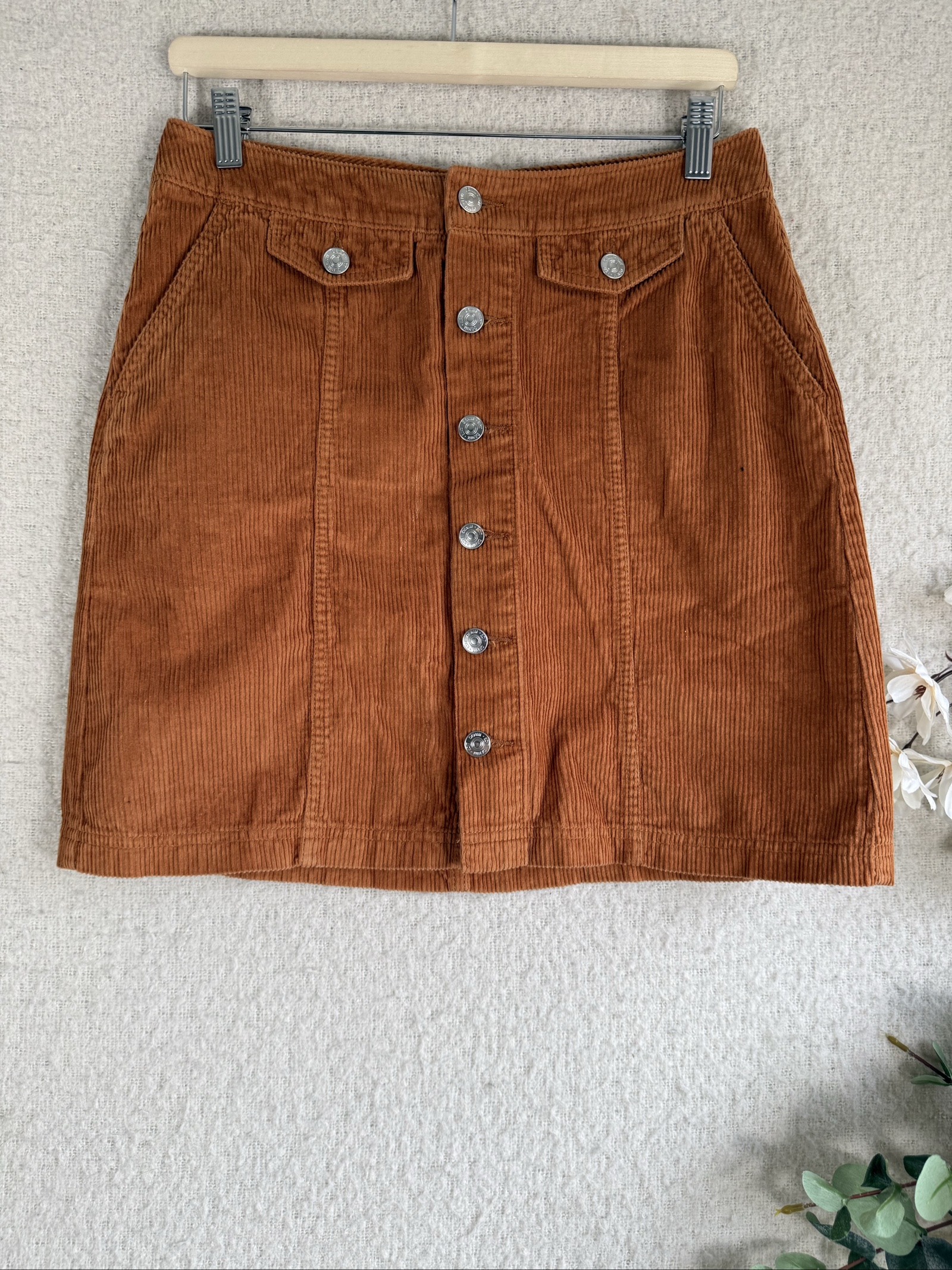 F&F Brown Corduroy Button Front Mini Skirt UK 10 Casual Stylish Autumn