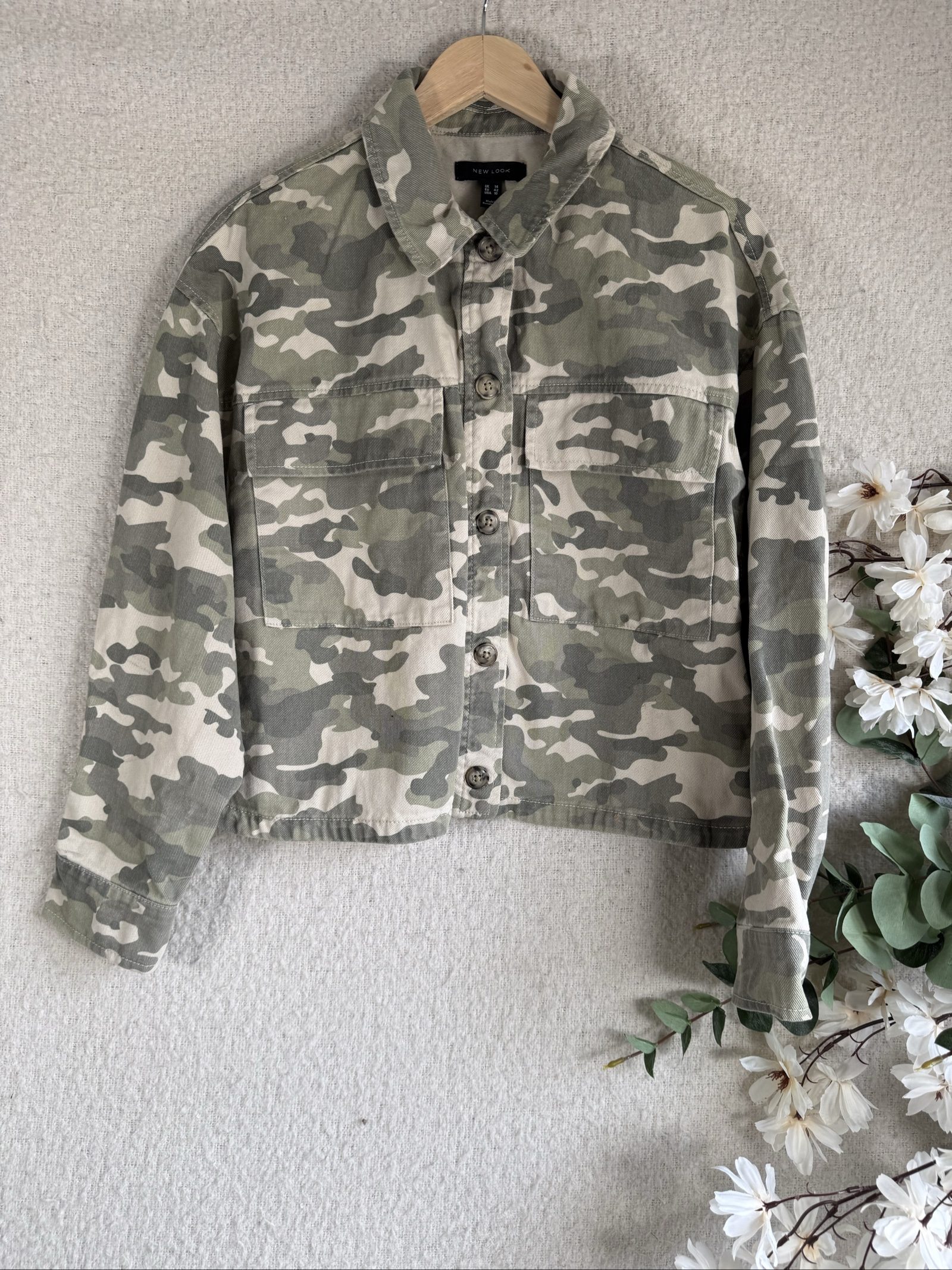 New Look Green & Beige Camouflage Button Up Military Style Jacket UK 14