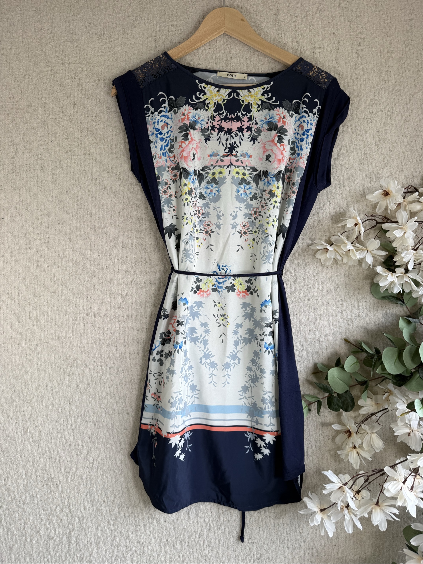 Oasis Navy Floral Print Lace Detail Dress Small Elegant Summer Casual
