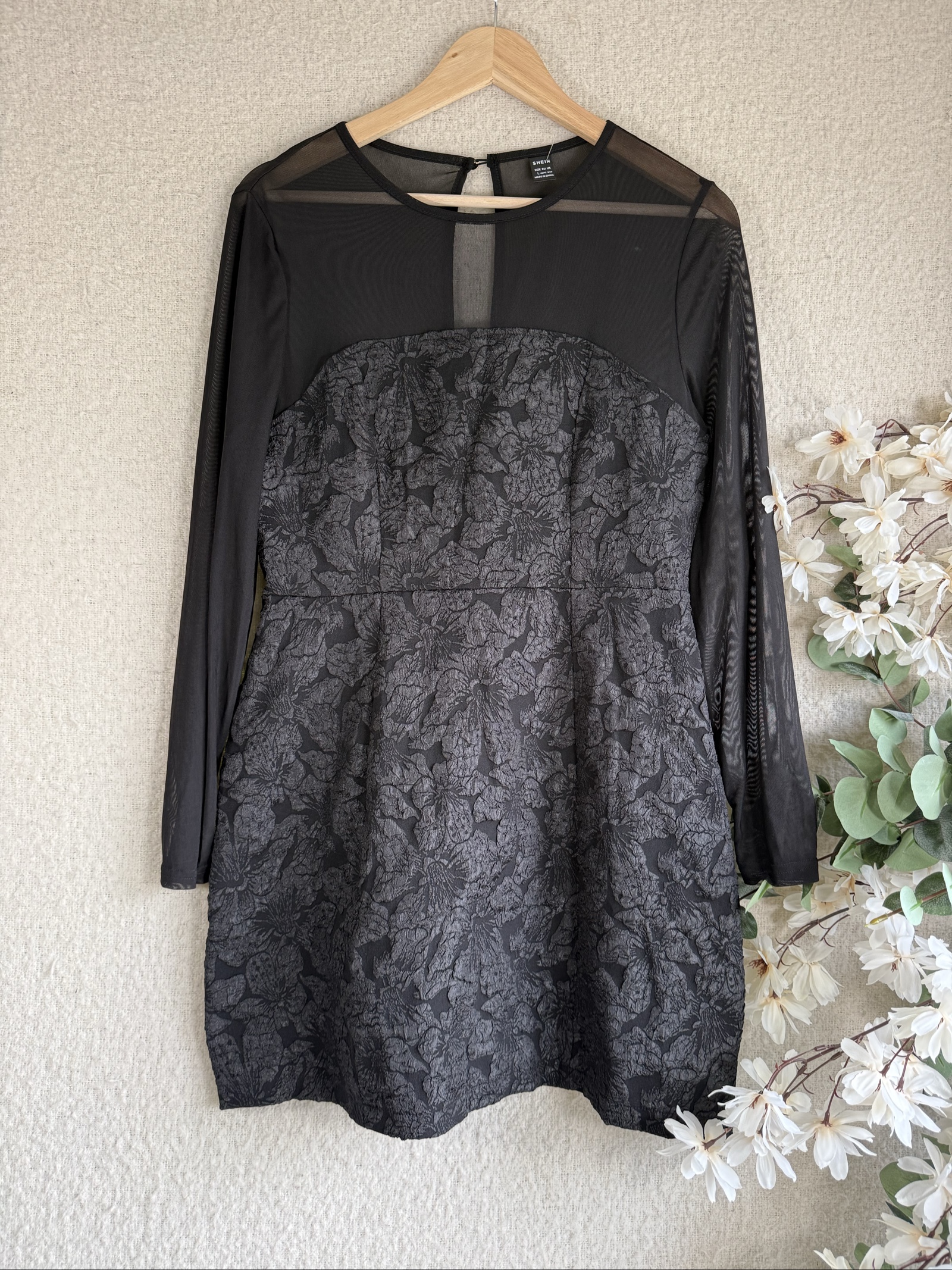 Shein Black Mesh Sleeve Floral Jacquard Mini Dress Large UK 14