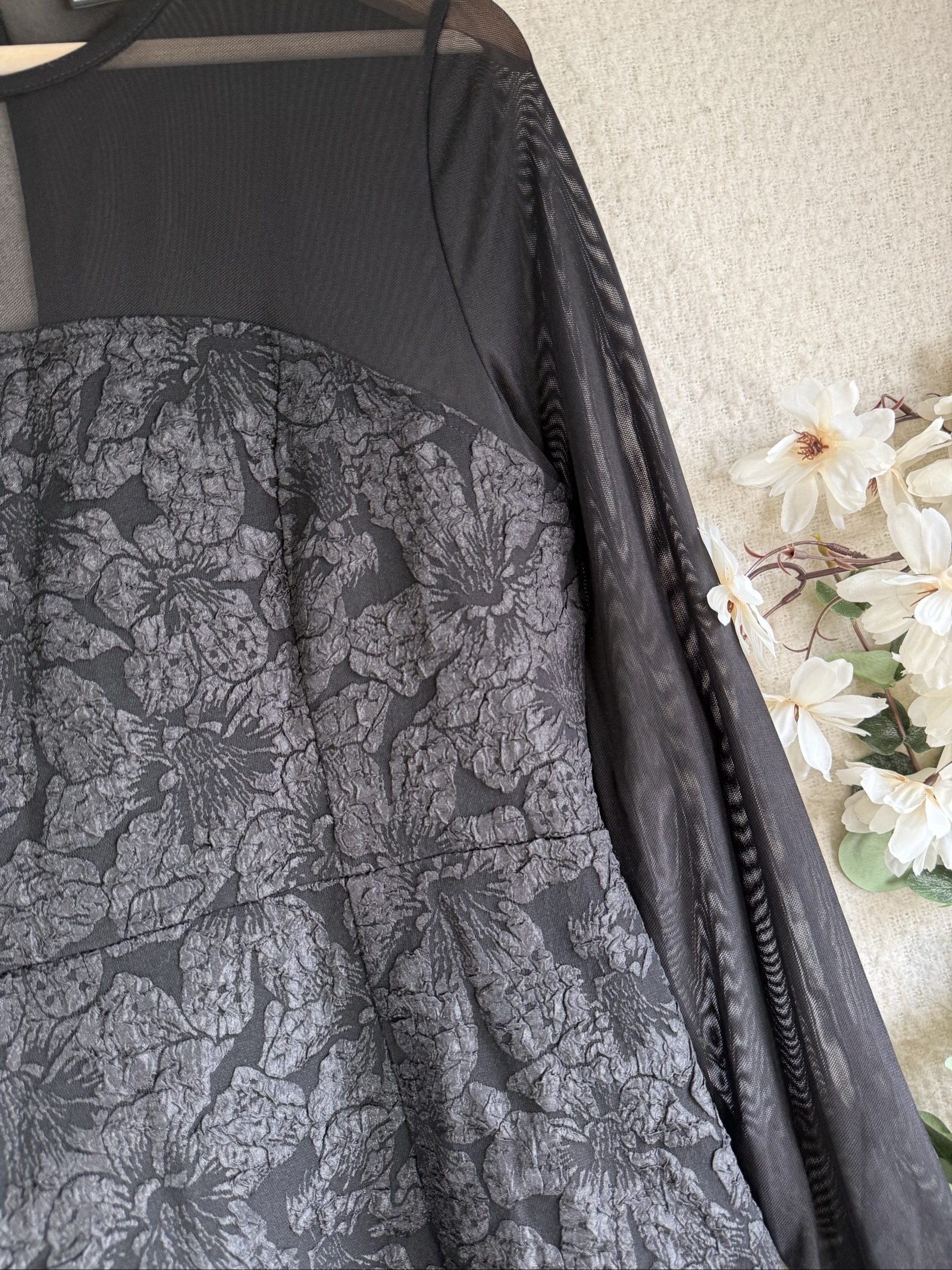 Shein Black Mesh Sleeve Floral Jacquard Mini Dress Large UK 14 image 2
